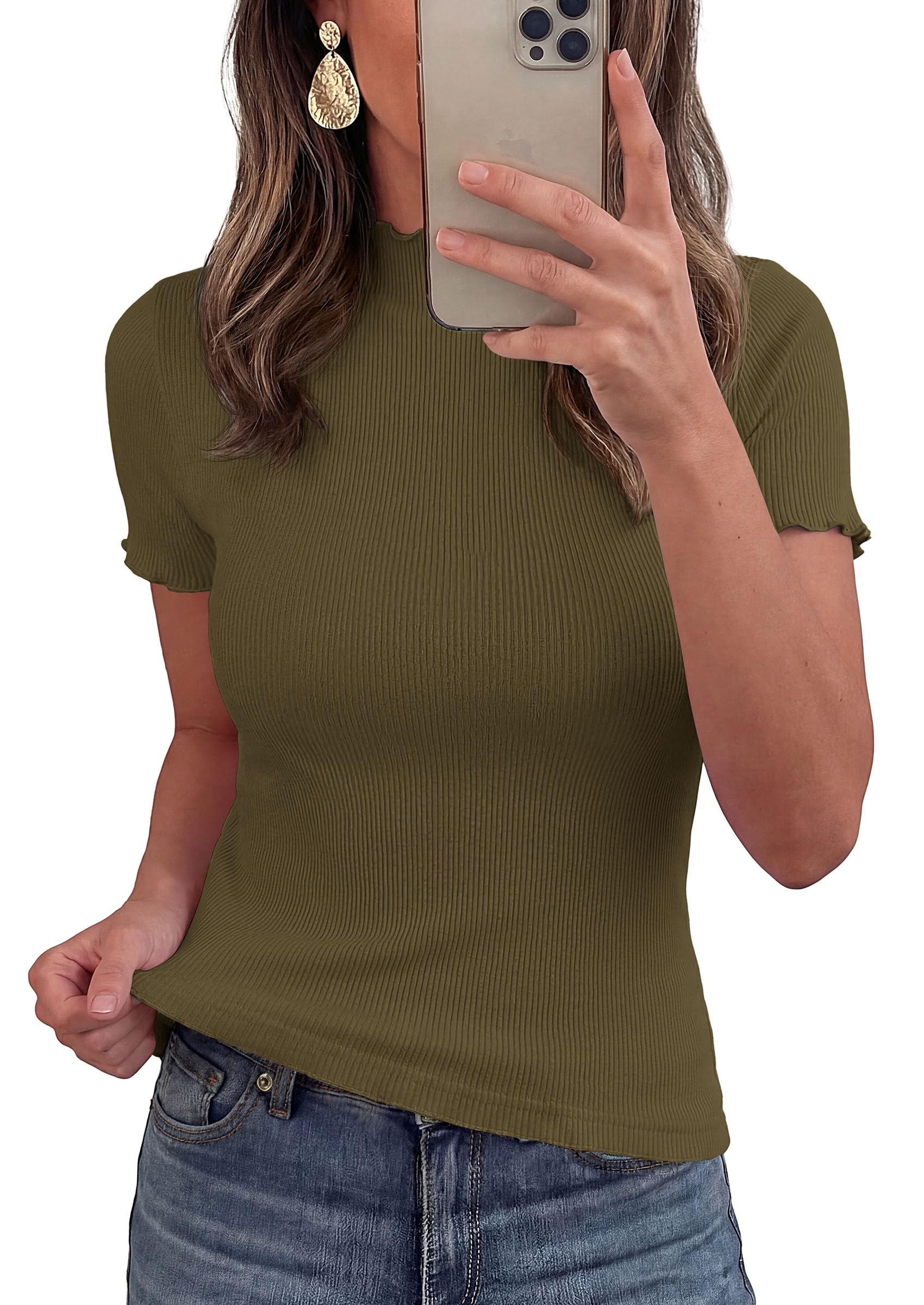 PRETTYGARDEN Short Sleeve T Shirts for Women Summer Clothes  Casual Spring Tops Ruffle Mock Neck Ribbed Fitted Basic Tees