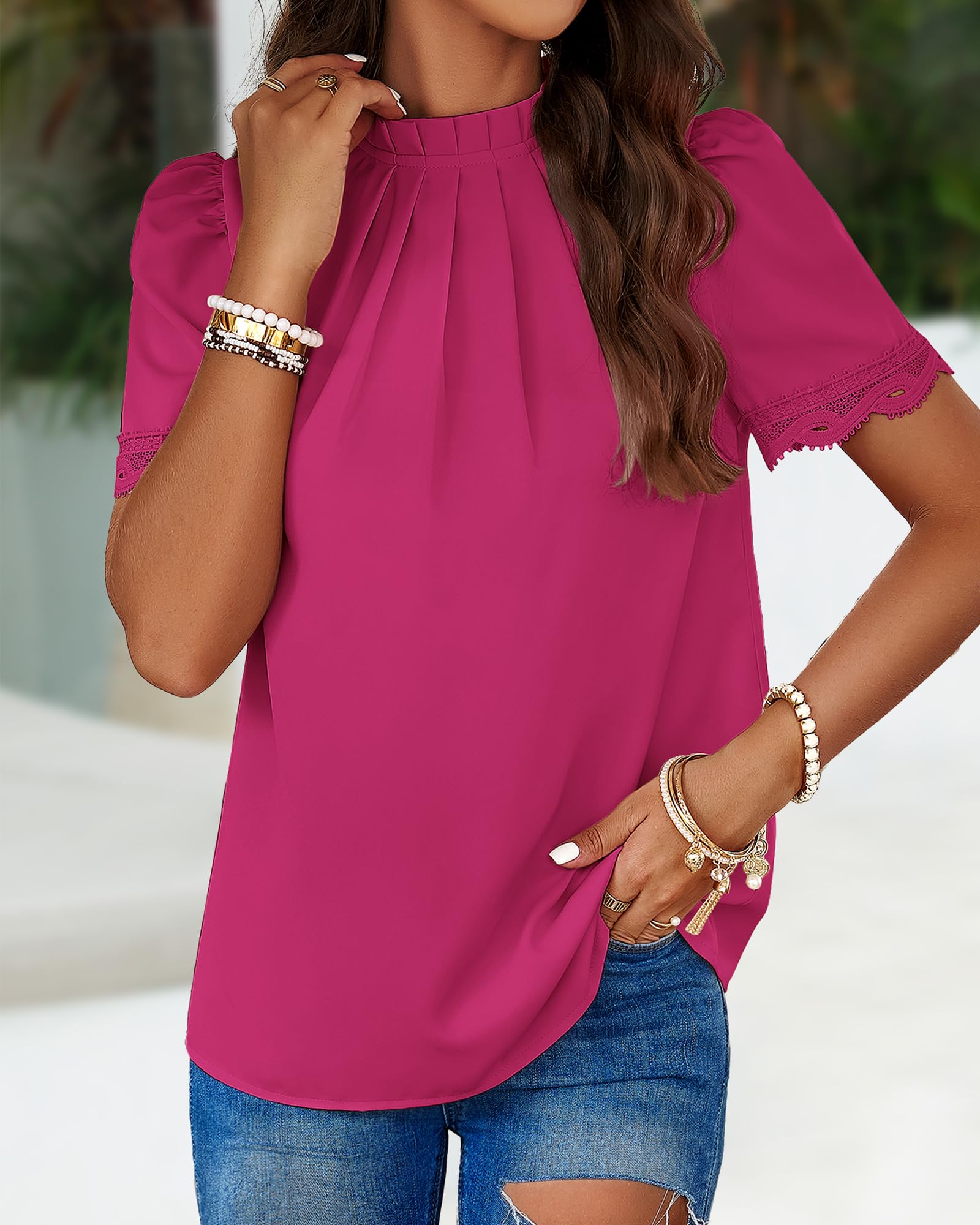 FreshPretty Women's Dressy Casual Blouses Business Work Tops Lace Trim Short Sleeve Office Shirts Summer Spring Outfits