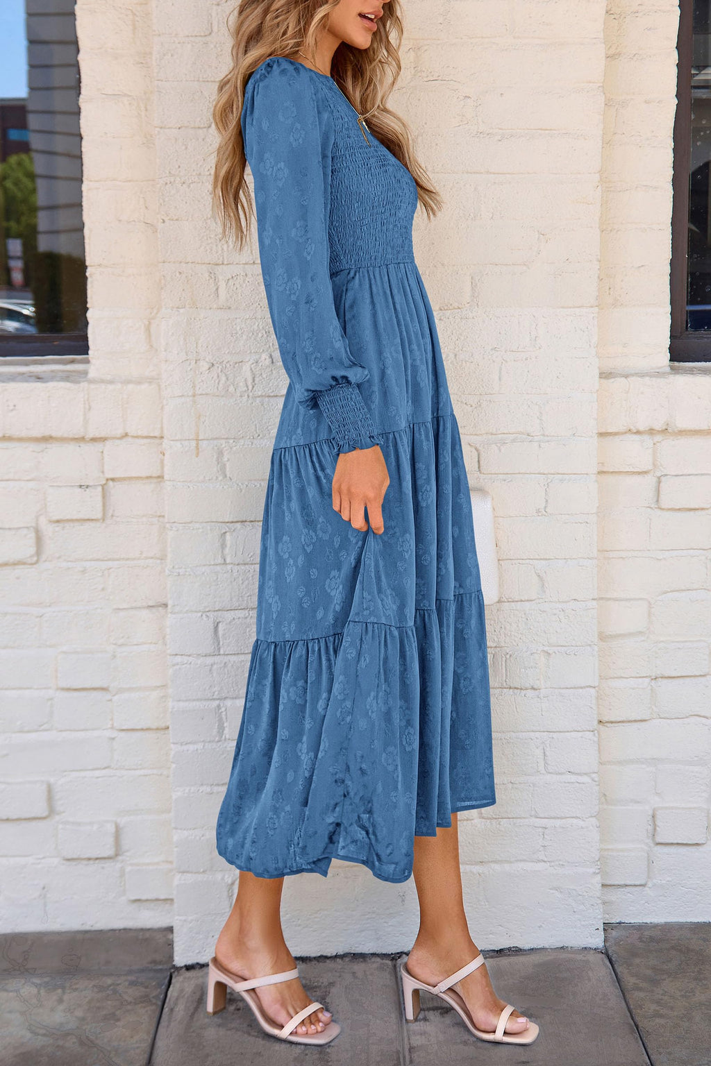 PRETTYGARDEN Women's Fall Spring Midi Dress Long Sleeve Floral Smocked Elegant Wedding Guest Long Flowy Dresses with Pockets