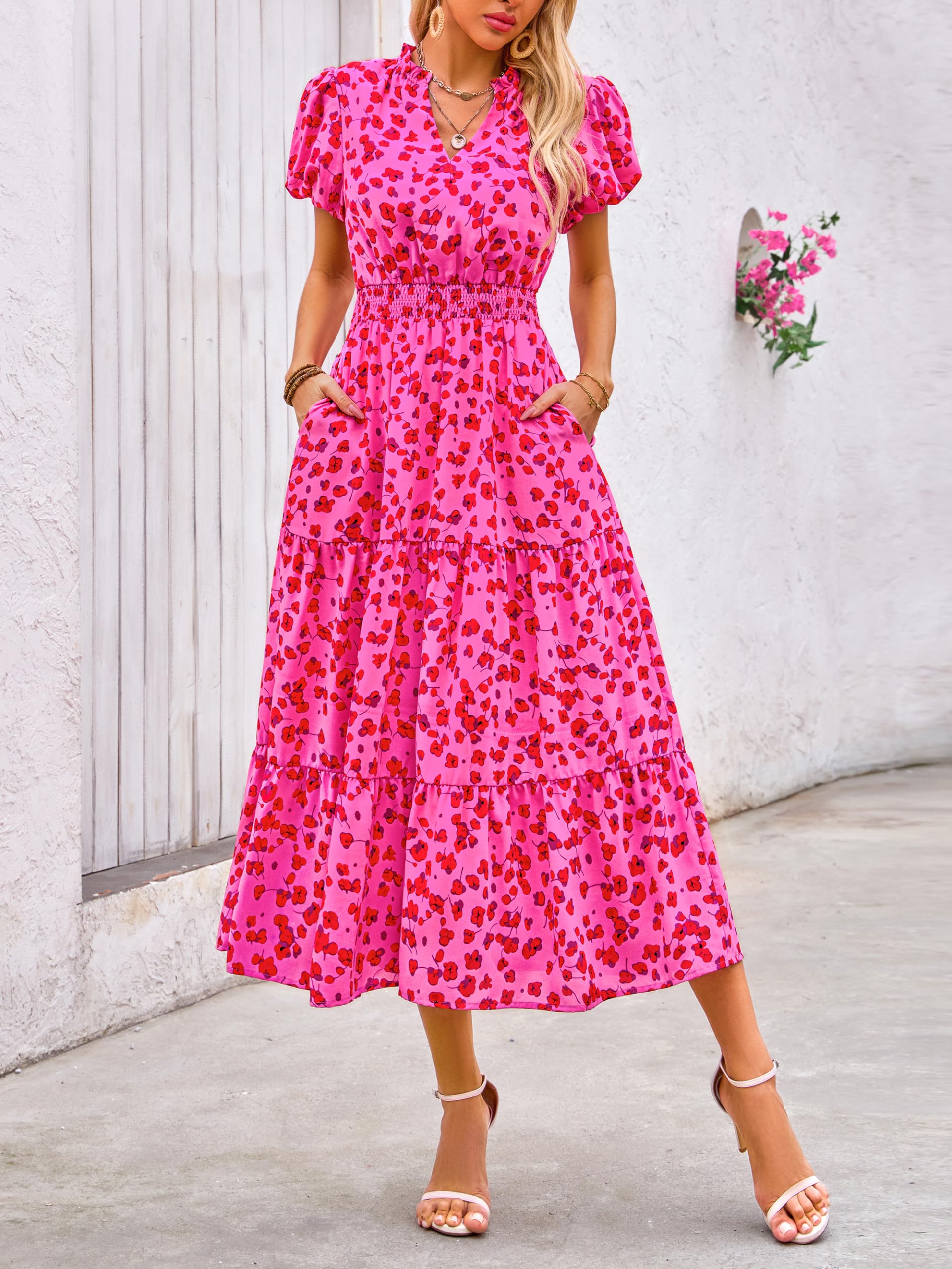 PRETTYGARDEN Summer Maxi Dresses for Women  Casual V Neck Puff Short Sleeve Smocked Flowy Beach Boho Long Floral Dress