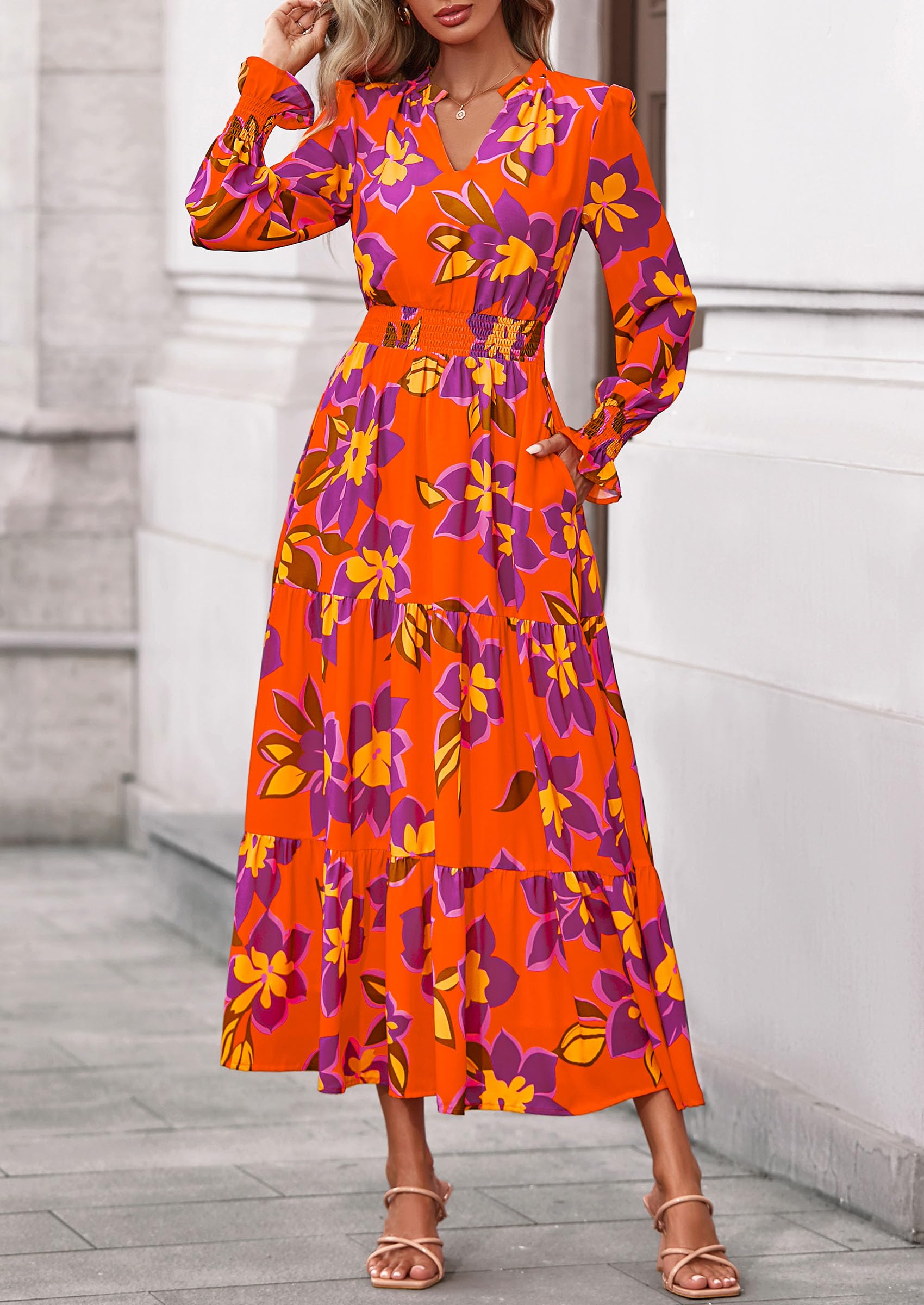 PRETTYGARDEN Women's Floral Maxi Dress Fall Long Sleeve V Neck Casual A Line Long Flowy Boho Party Dresses