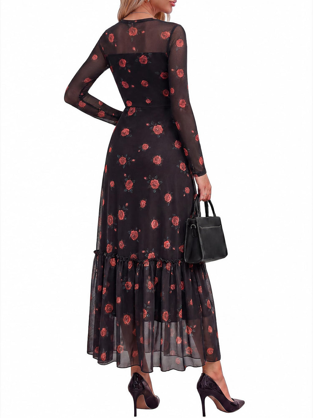 BTFBM Boho Mesh Long Sleeve Dress for Women | Mock Neck, Floral, A Line, Tiered, Graduation, Wedding, Cocktail Maxi Dresses, Fall Fashion, Resort Wear