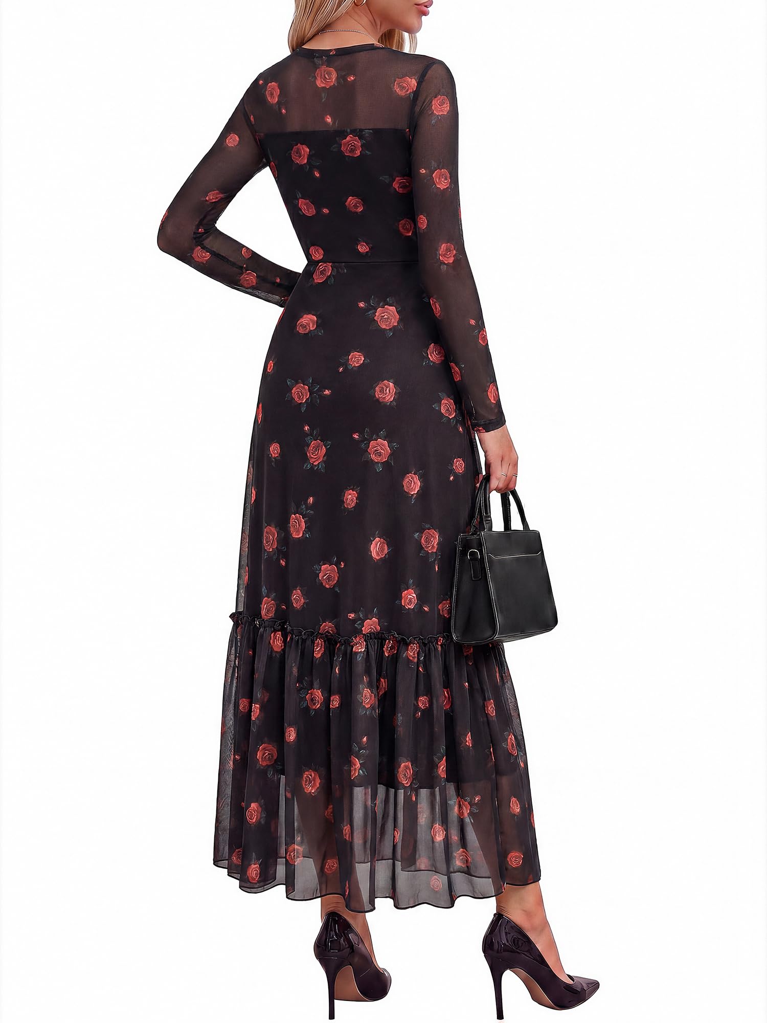 BTFBM Boho Mesh Long Sleeve Dress for Women | Mock Neck, Floral, A Line, Tiered, Graduation, Wedding, Cocktail Maxi Dresses, Fall Fashion, Resort Wear