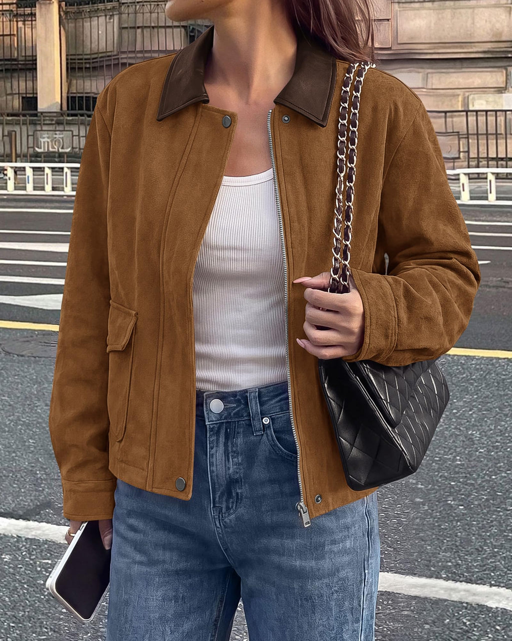 BTFBM Faux Suede Jacket Women Leather Lapel Zip Up Fall Outfits Button Down Long Sleeve Outerwear With Flap Pockets, Early Winter Coats, Motorcycle Jackets, Western Country Concert Outfits