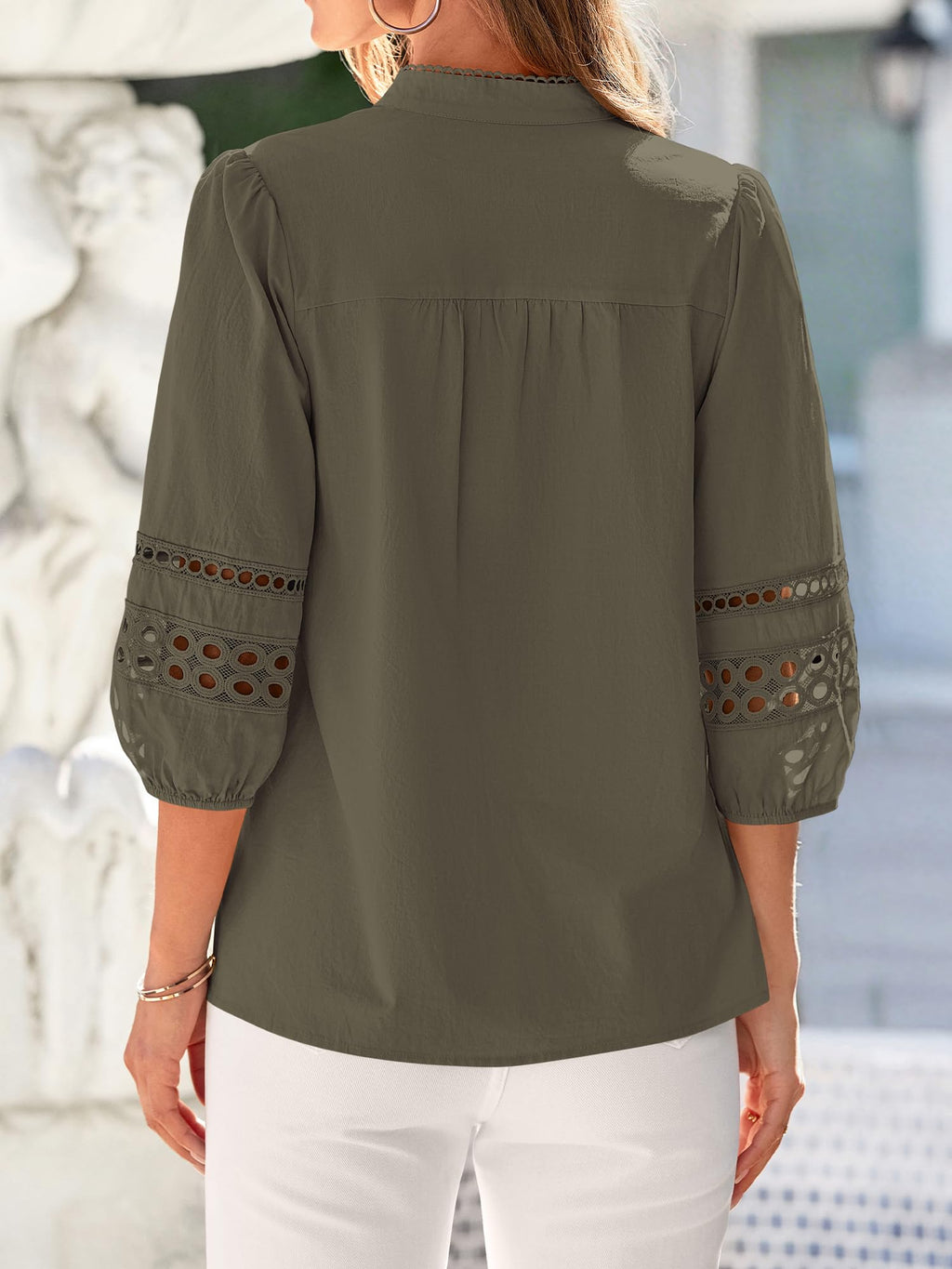 BTFBM 3/4 Length Sleeve Womens Tops Summer Blouses Eyelet Hollow Out Button Down Shirts Business Casual Outfits