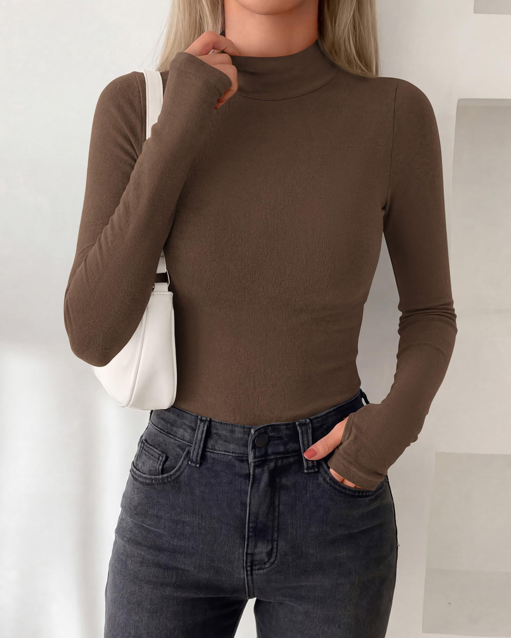 BTFBM Turtleneck Tops for Women Thumbhole Long Sleeve Shirts | Lightweight Fleece Lining, Casual Basic Layering Top, Slim Fit Stretch Winter Thermal Underwear, Fall Fashion Clothing
