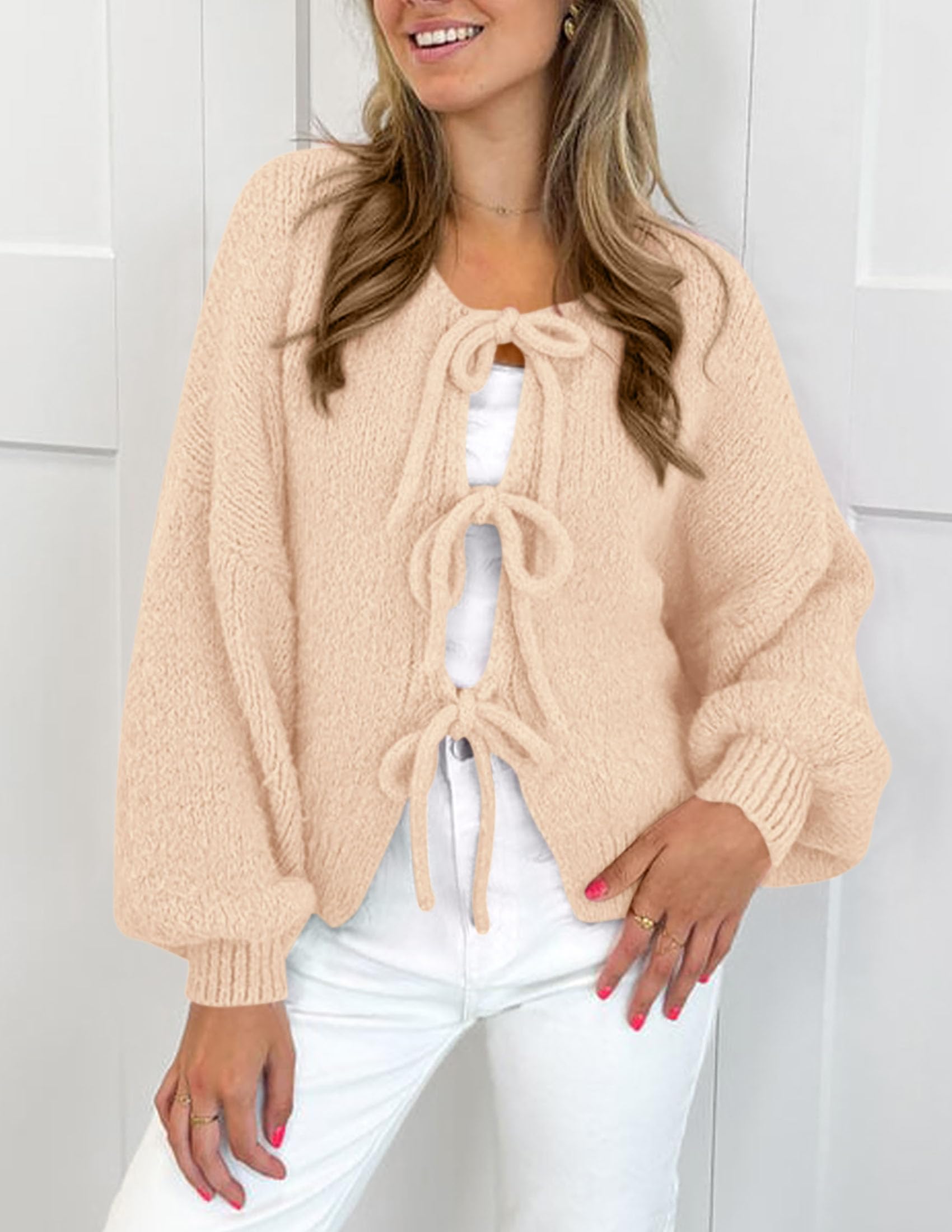 PRETTYGARDEN Women's Tie Front Bow Cardigan Sweaters Chunky Knit Long Puff Sleeve Trendy Fall Winter Jacket Coat