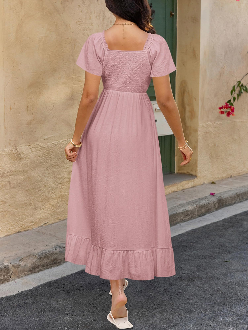 BTFBM Womens Spring Dresses Casual Short Sleeve V Neck Drawstring Wedding Guest Maxi Dresses Boho Beach Long Dress