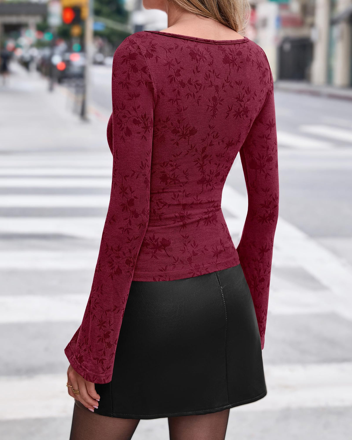 BTFBM Womens Bell Long Sleeve Boat Neck Floral Ribbed Knit Tops Stretchy Crop Tops for Women Trendy, Casual Y2K Going Out Top,Ruched Slim Fit Cute T Shirt,Fall Outfits,Fashion Clothing