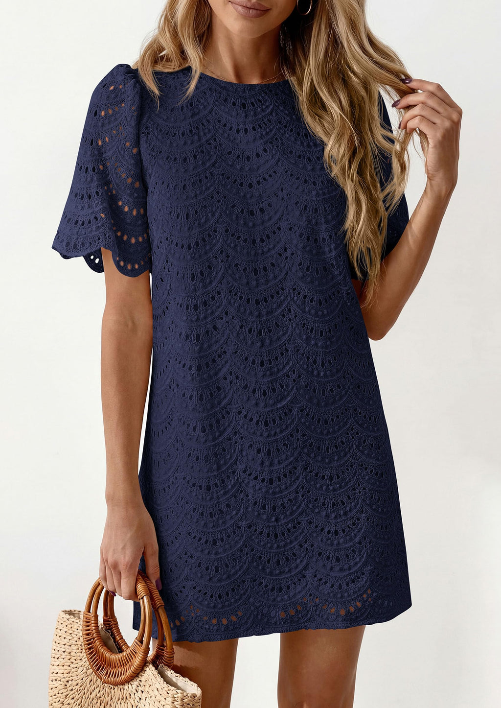 PRETTYGARDEN Women's Summer Casual Short Dresses Embroidered Lace Short Sleeve Boho Mini Dress Beach Vacation Clothes
