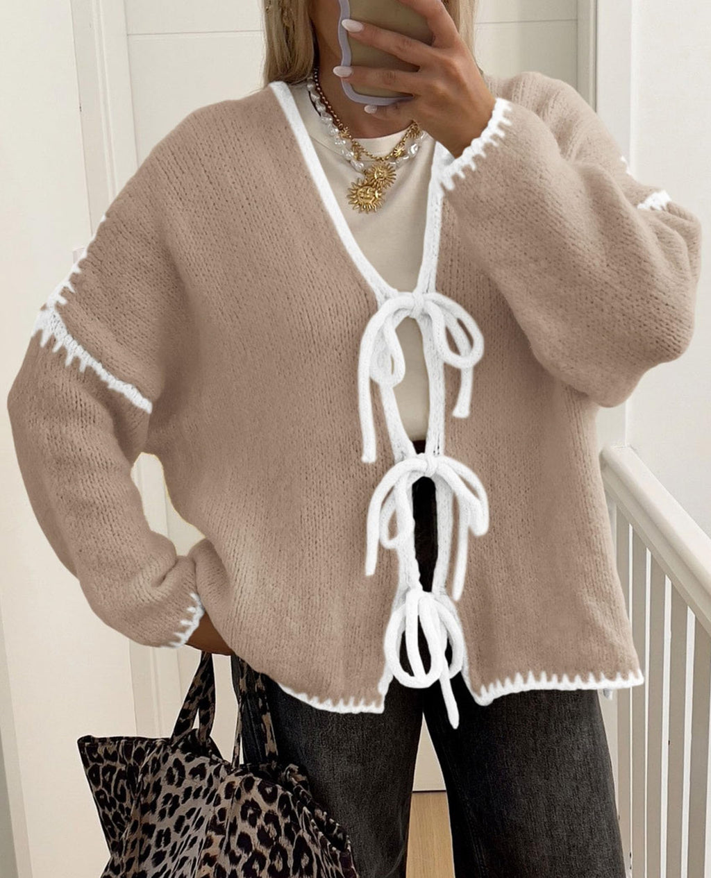 PRETTYGARDEN Women's Tie Front Bow Cardigan Sweaters Chunky Knit Long Puff Sleeve Trendy Fall Winter Jacket Coat