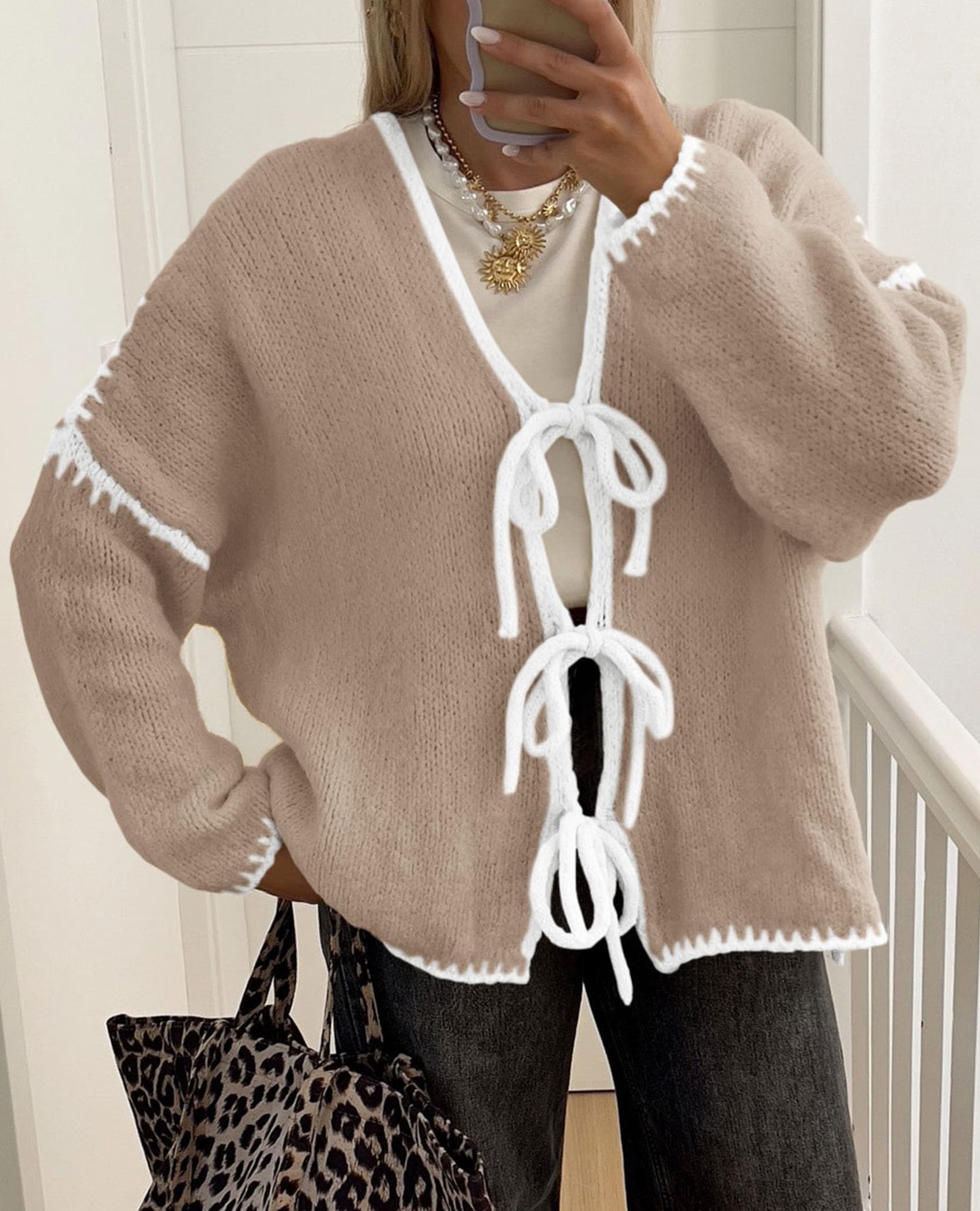 PRETTYGARDEN Women's Tie Front Bow Cardigan Sweaters Chunky Knit Long Puff Sleeve Trendy Fall Winter Jacket Coat