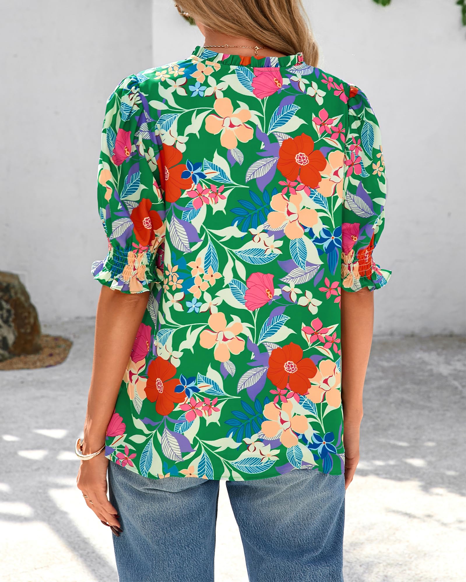 FreshPretty Summer Blouses for Women Dressy Casual  Fashion Spring Tops Floral Boho V Neck Puff Short Sleeve Top Shirts
