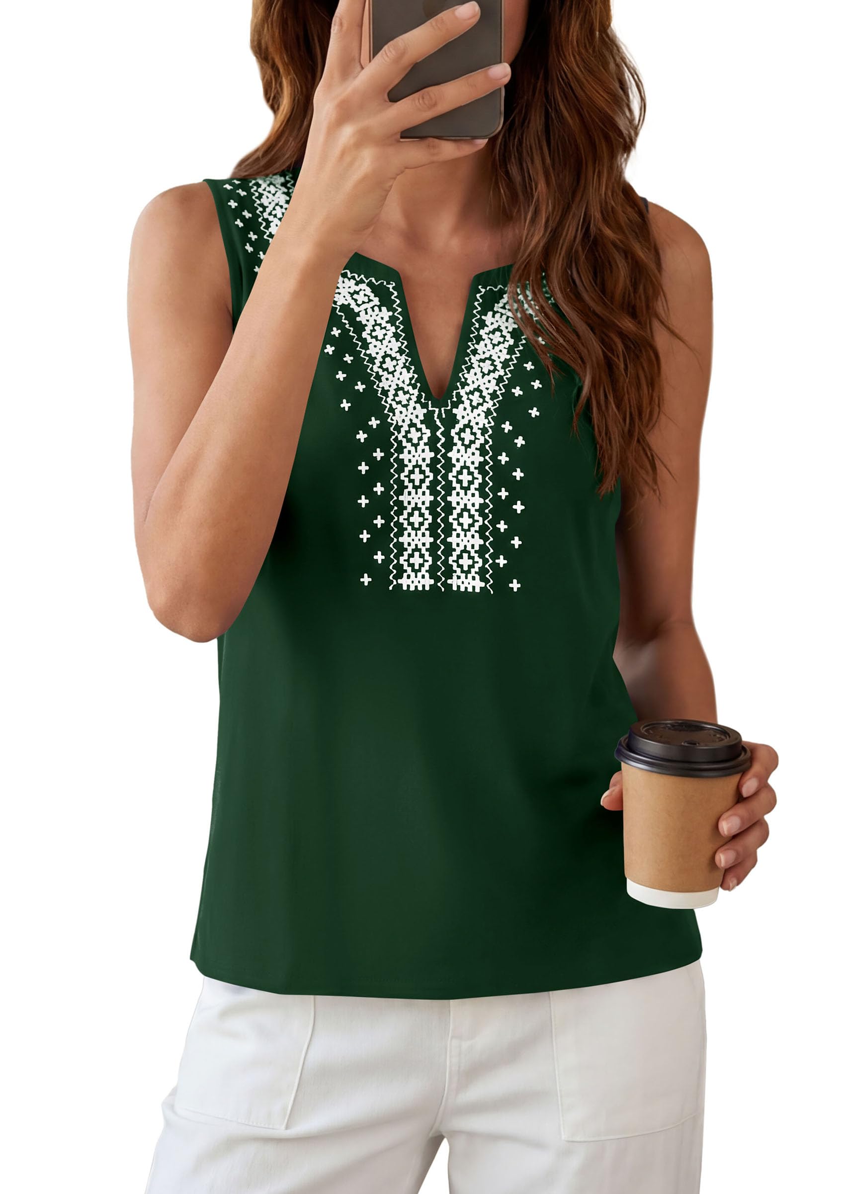 PRETTYGARDEN Womens Tank Tops Summer Causal V Neck Sleeveless Shirts Floral Print Embroidered Beach Vacation Boho Top