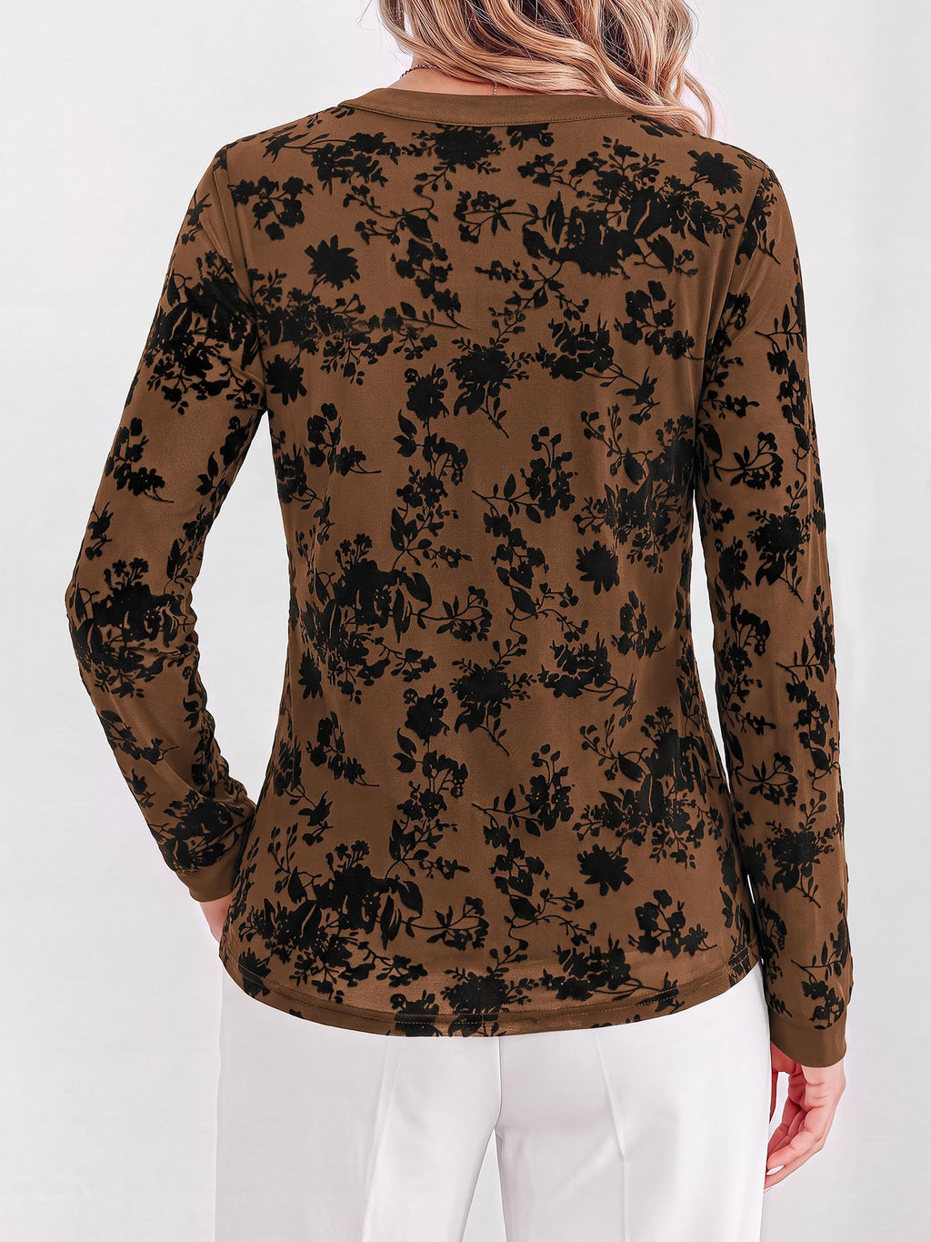 BTFBM Womens Tops Floral Sheer Mesh Long Sleeve Blouses Dressy Casual V Neck Flocked Mesh Shirts,Velvet-Like Flowers,Double Layered,Loose Fit Tunics,Business Casual Top,Fall Fashion Clothing