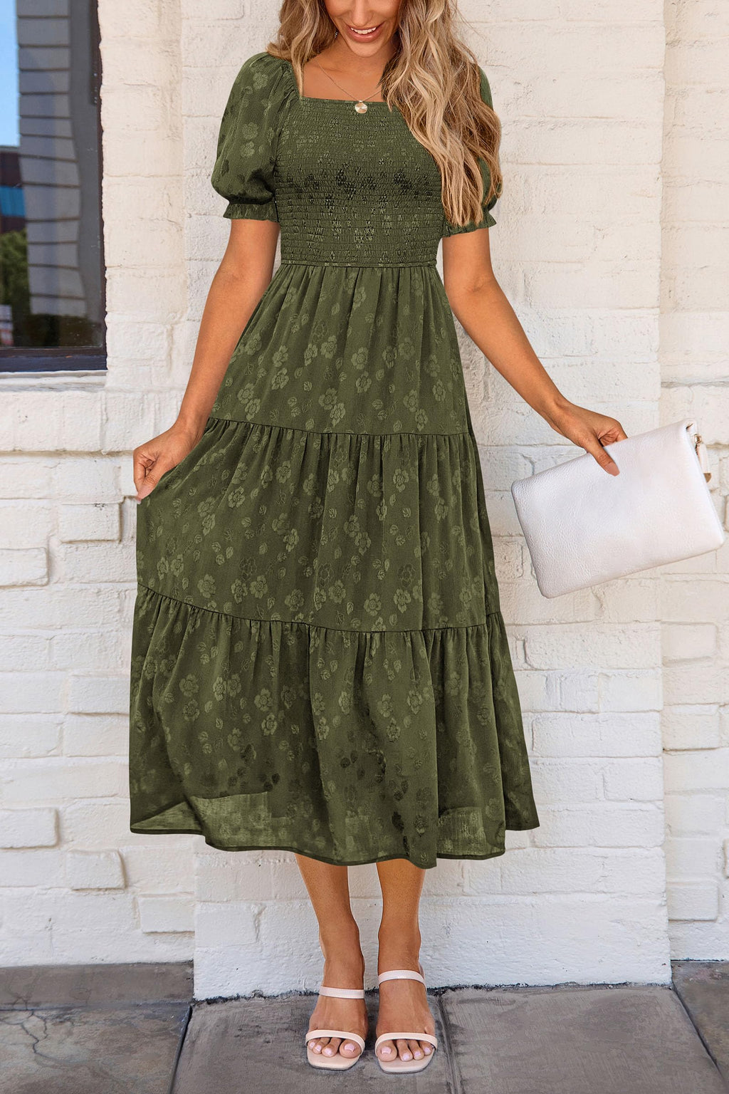 PRETTYGARDEN Women's Summer Casual Midi Dresses Square Neck Short Sleeve Smocked A Line Floral Flowy Elegant Boho Dress