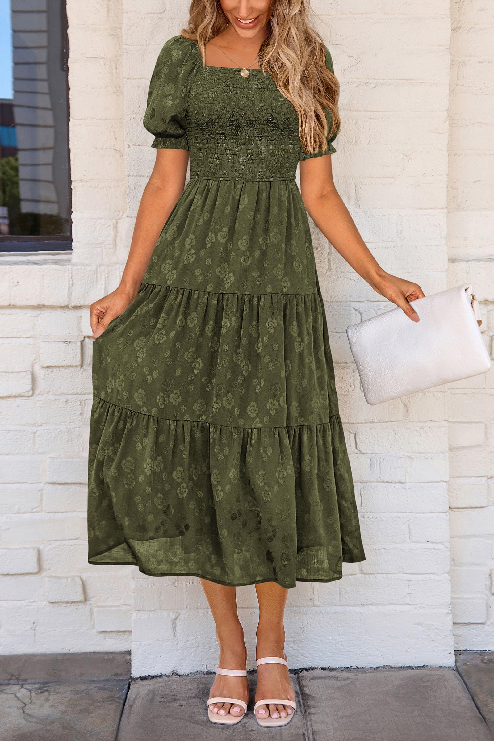 PRETTYGARDEN Women's Summer Casual Midi Dresses Square Neck Short Sleeve Smocked A Line Floral Flowy Elegant Boho Dress