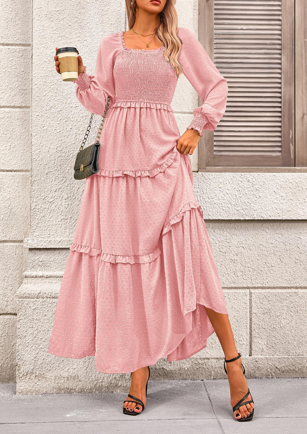 PRETTYGARDEN Fall Dresses for Women Long Sleeve Smocked Square Neck Swiss Dot Tiered Flowy Wedding Guest Maxi Dress