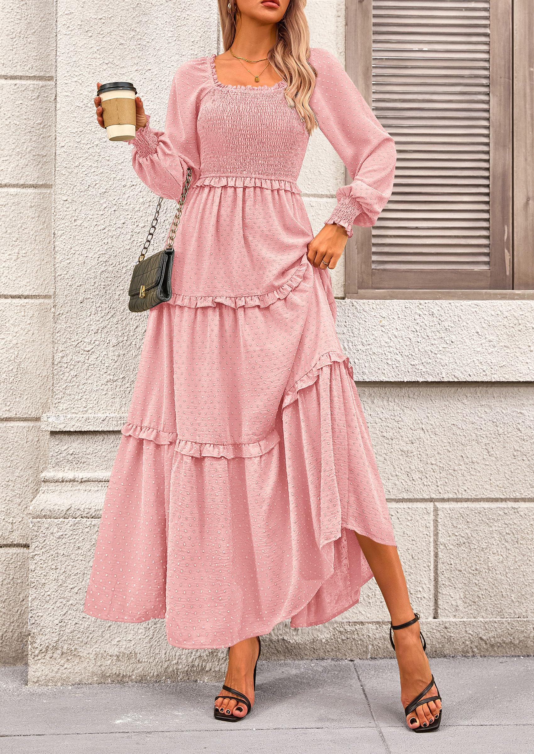PRETTYGARDEN Fall Dresses for Women Long Sleeve Smocked Square Neck Swiss Dot Tiered Flowy Wedding Guest Maxi Dress