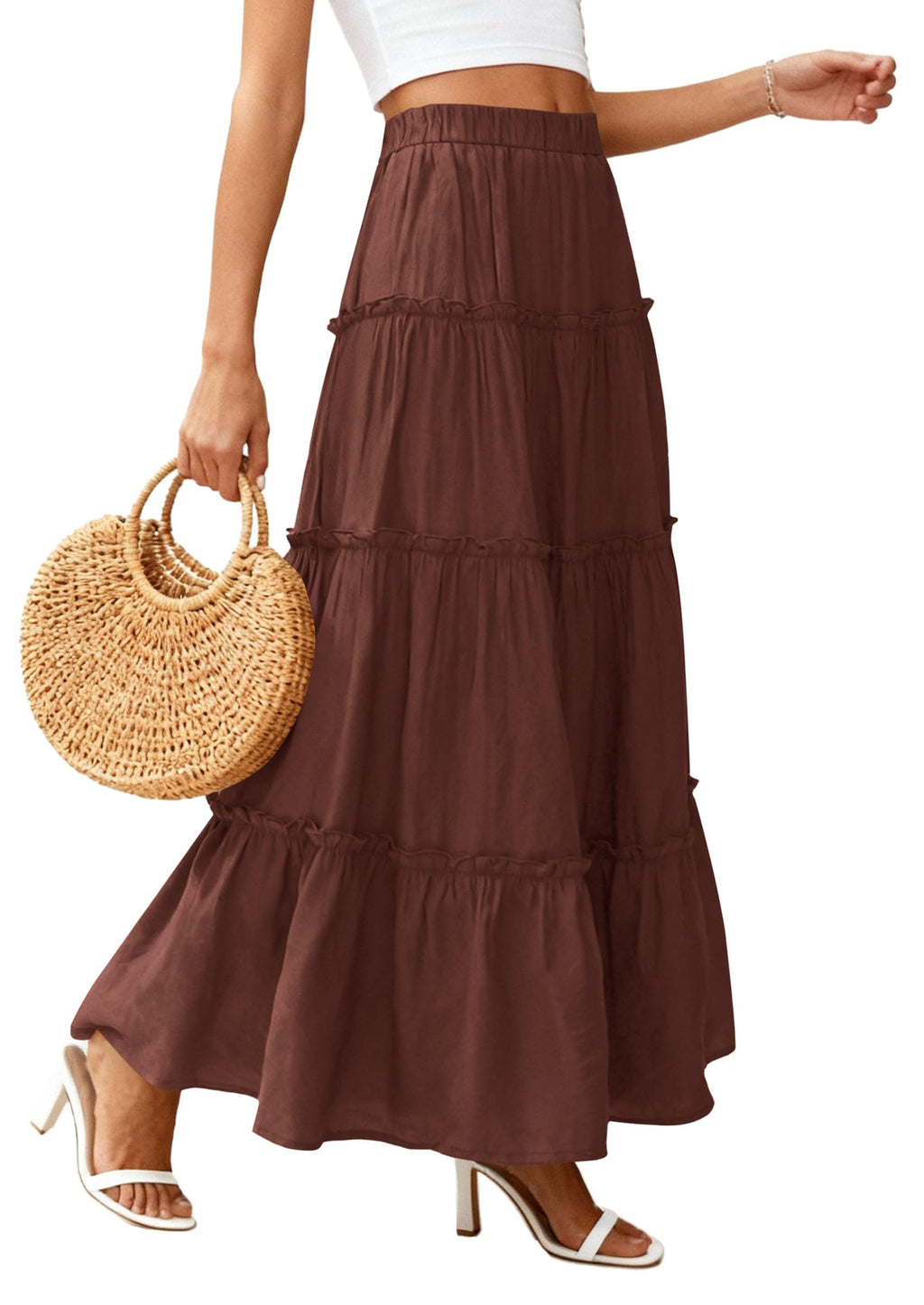 PRETTYGARDEN Women's Tiered Maxi Skirt Summer Spring Fashion High Waisted Long Flowy Casual Boho Beach Vacation Clothes