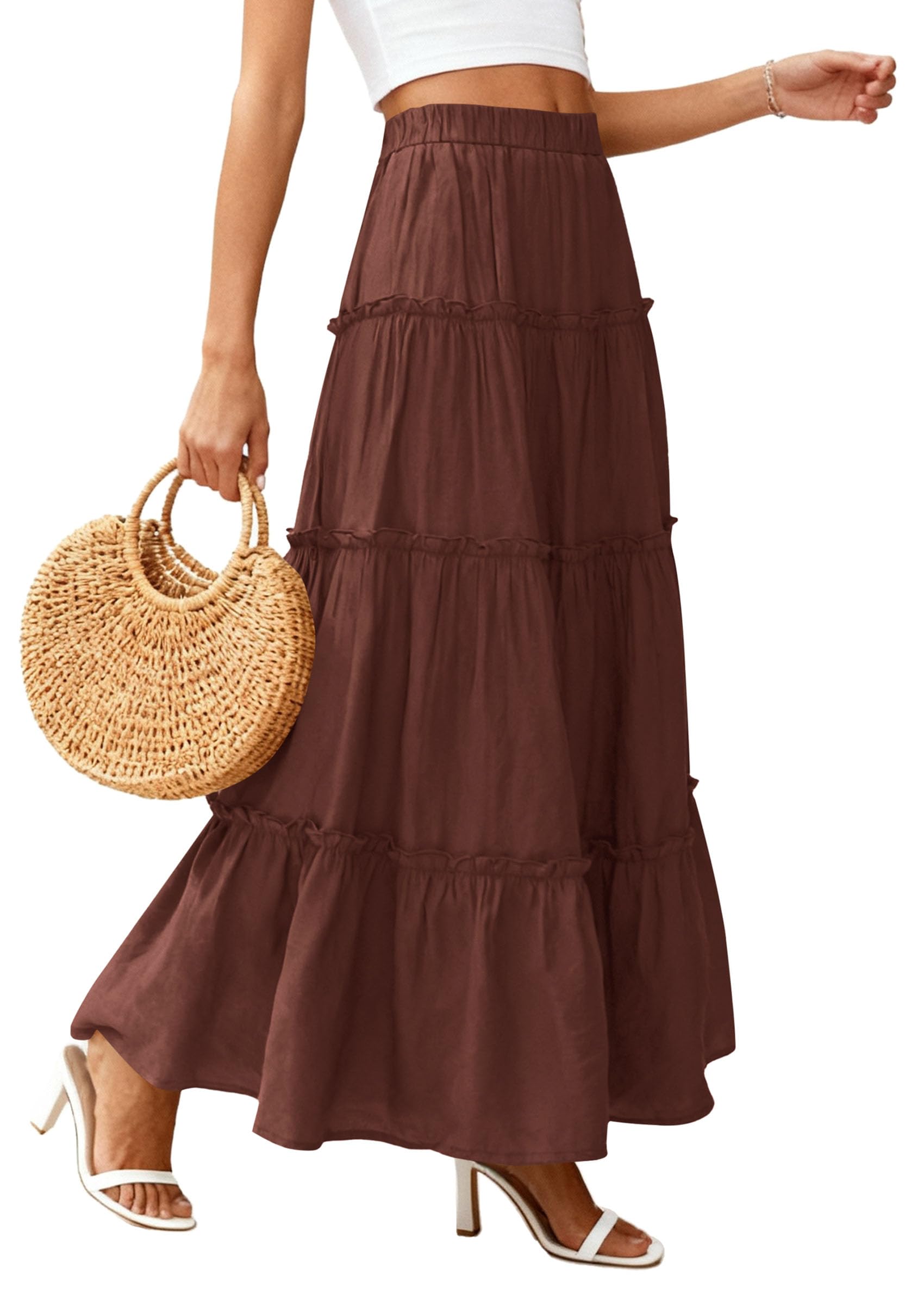 PRETTYGARDEN Women's Tiered Maxi Skirt Summer Spring Fashion High Waisted Long Flowy Casual Boho Beach Vacation Clothes