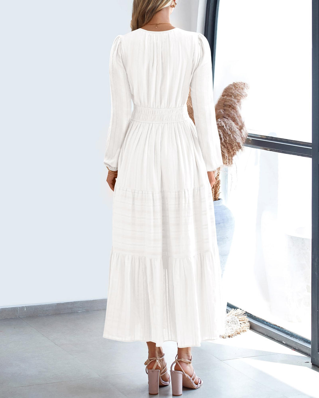 BTFBM Spring Dresses for Women 2026 Casual Long Sleeve V Neck Elastic Waist Lightweight Maxi Wedding Guest Dress Pockets
