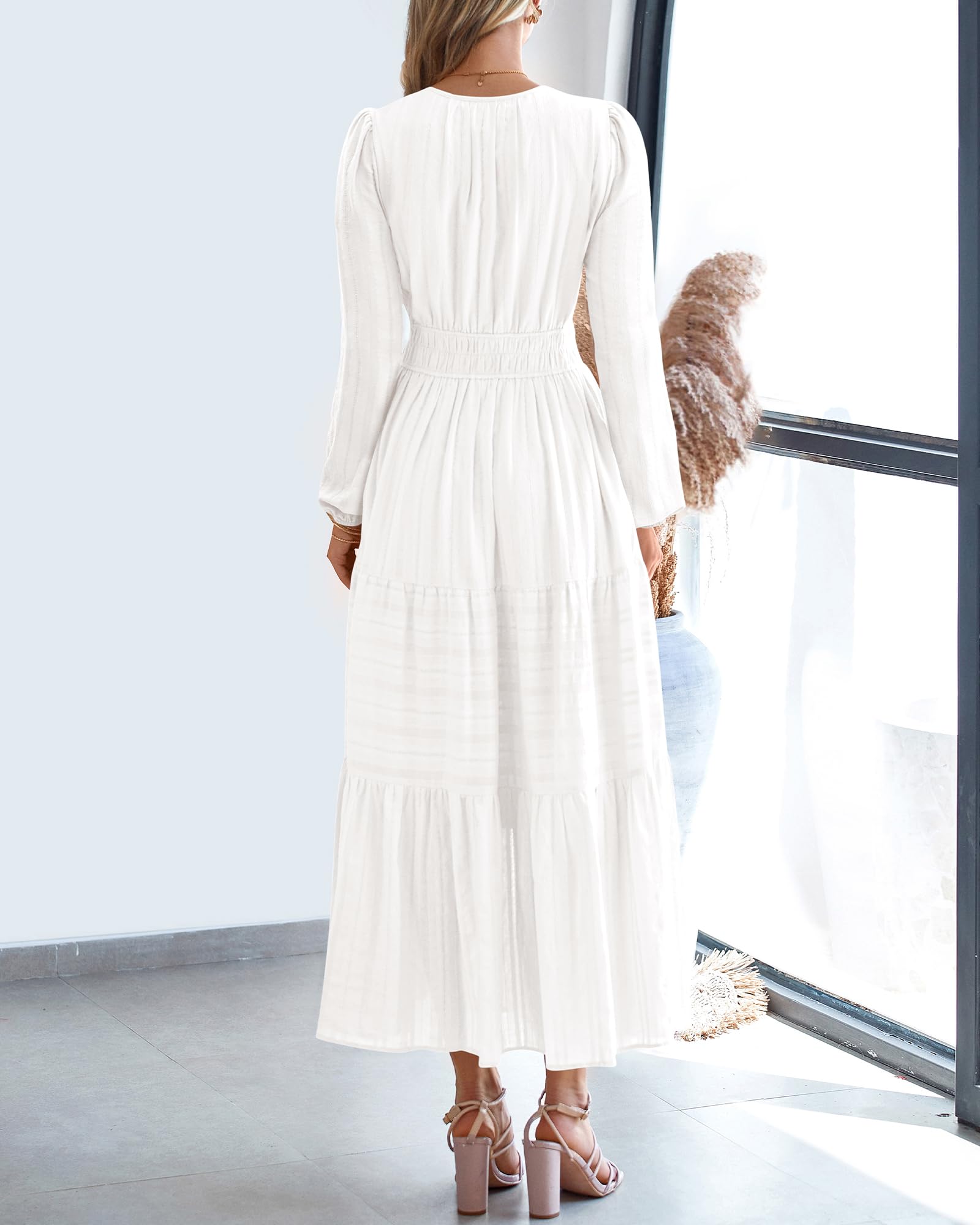 BTFBM Spring Dresses for Women 2026 Casual Long Sleeve V Neck Elastic Waist Lightweight Maxi Wedding Guest Dress Pockets