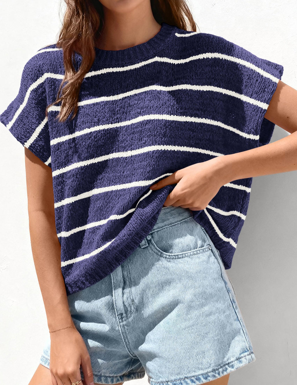 PRETTYGARDEN Womens Summer Short Sleeve Tops Trendy Crew Neck Striped Knit Sweater Business Casual Spring Clothes