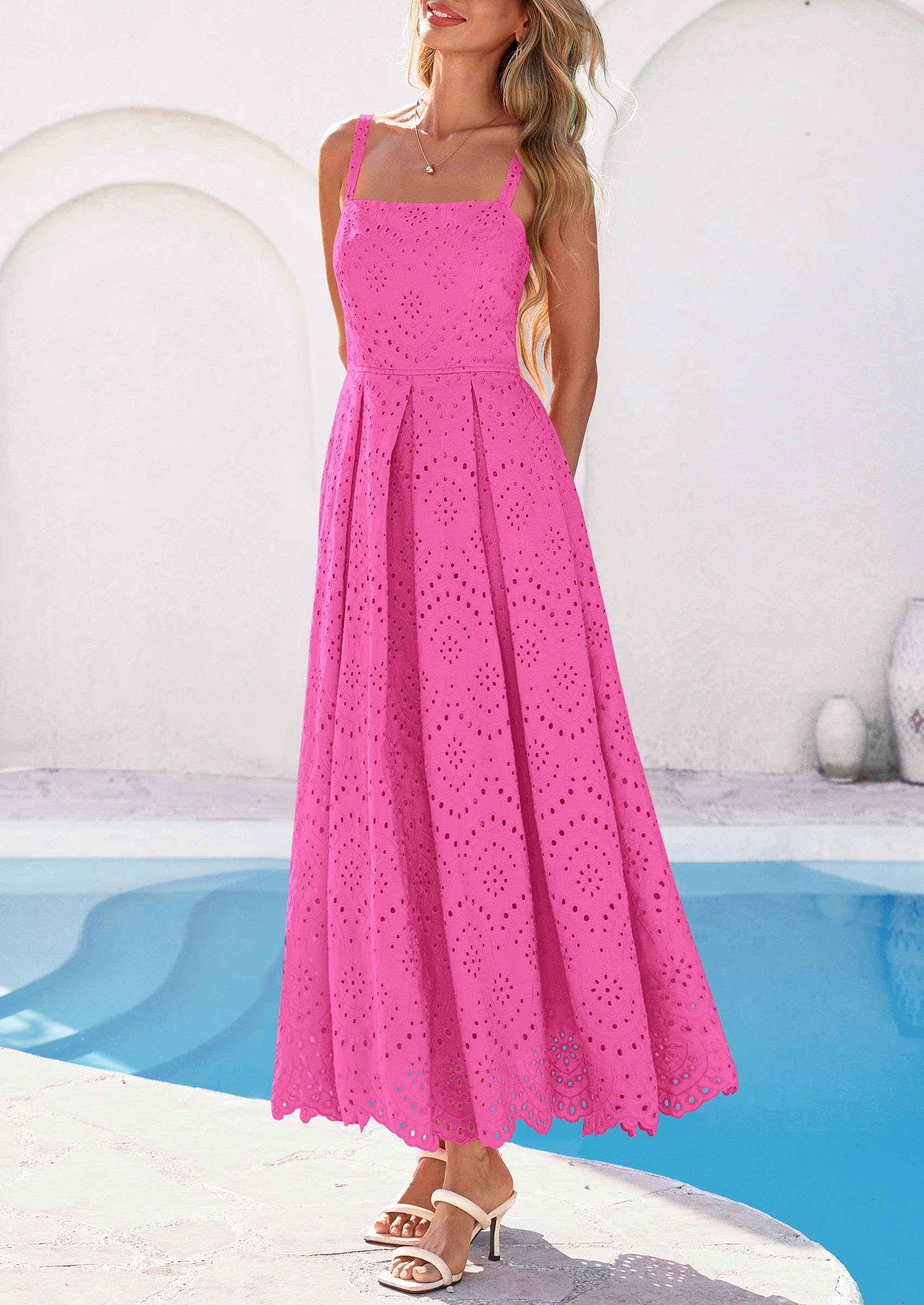 PRETTYGARDEN Womens Sleeveless Maxi Summer Dresses Hollow Out Eyelet Square Neck Ruffle Flowy Beach Vacation Sundress