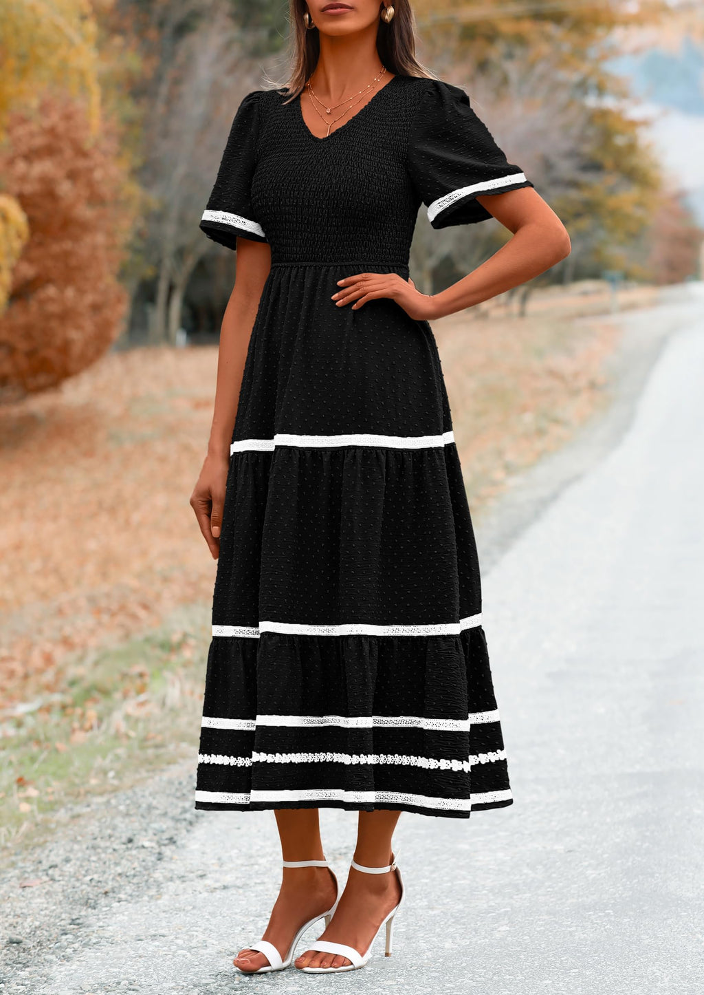 PRETTYGARDEN Women's Casual Summer Maxi Dress Short Sleeve Swiss Dot V Neck Smocked Long Flowy Beach Dresses