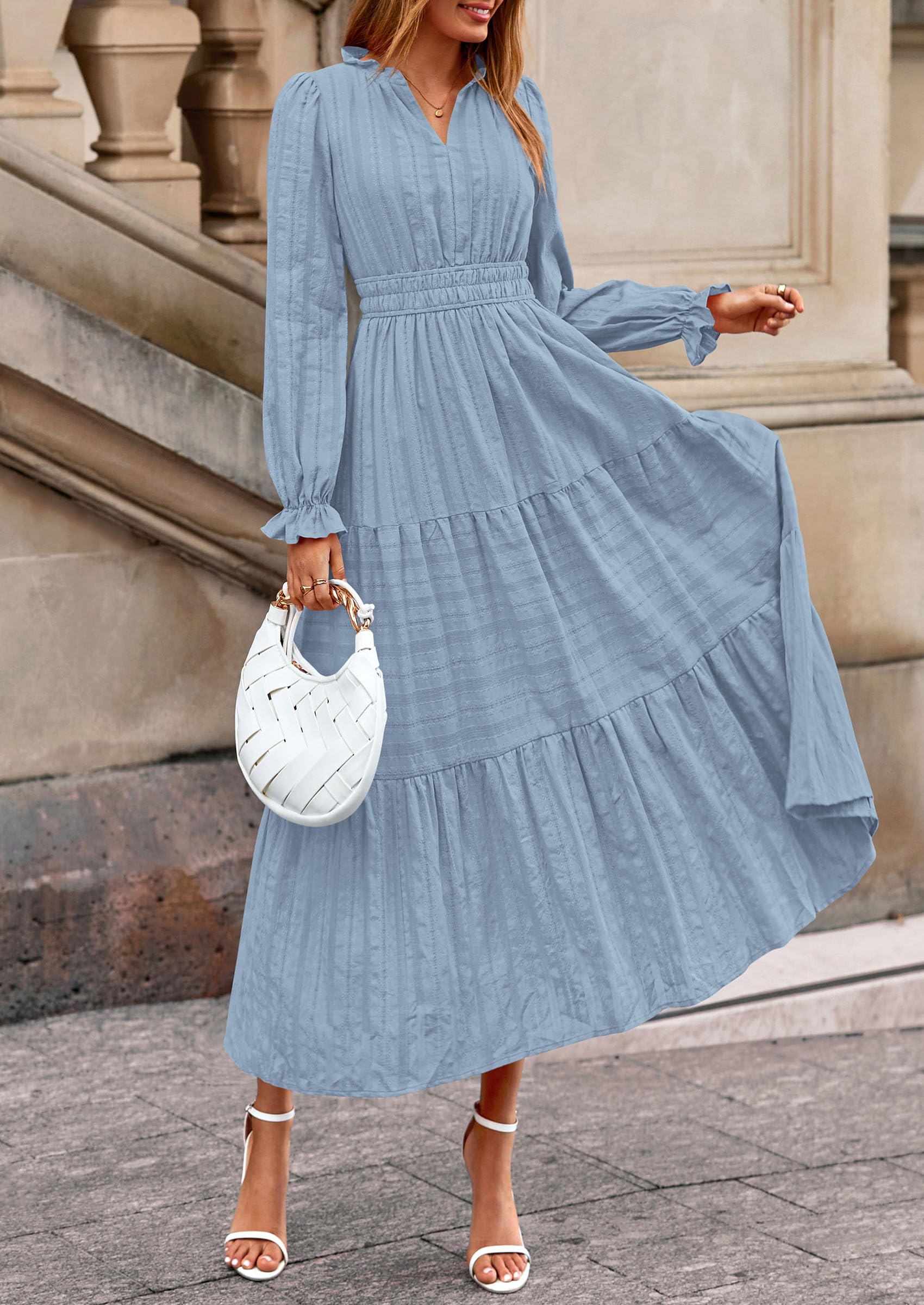 PRETTYGARDEN Women's Fall Wedding Guest Dresses Long Sleeve V Neck Flowy Elegant Holiday Party Maxi Dress with Pockets