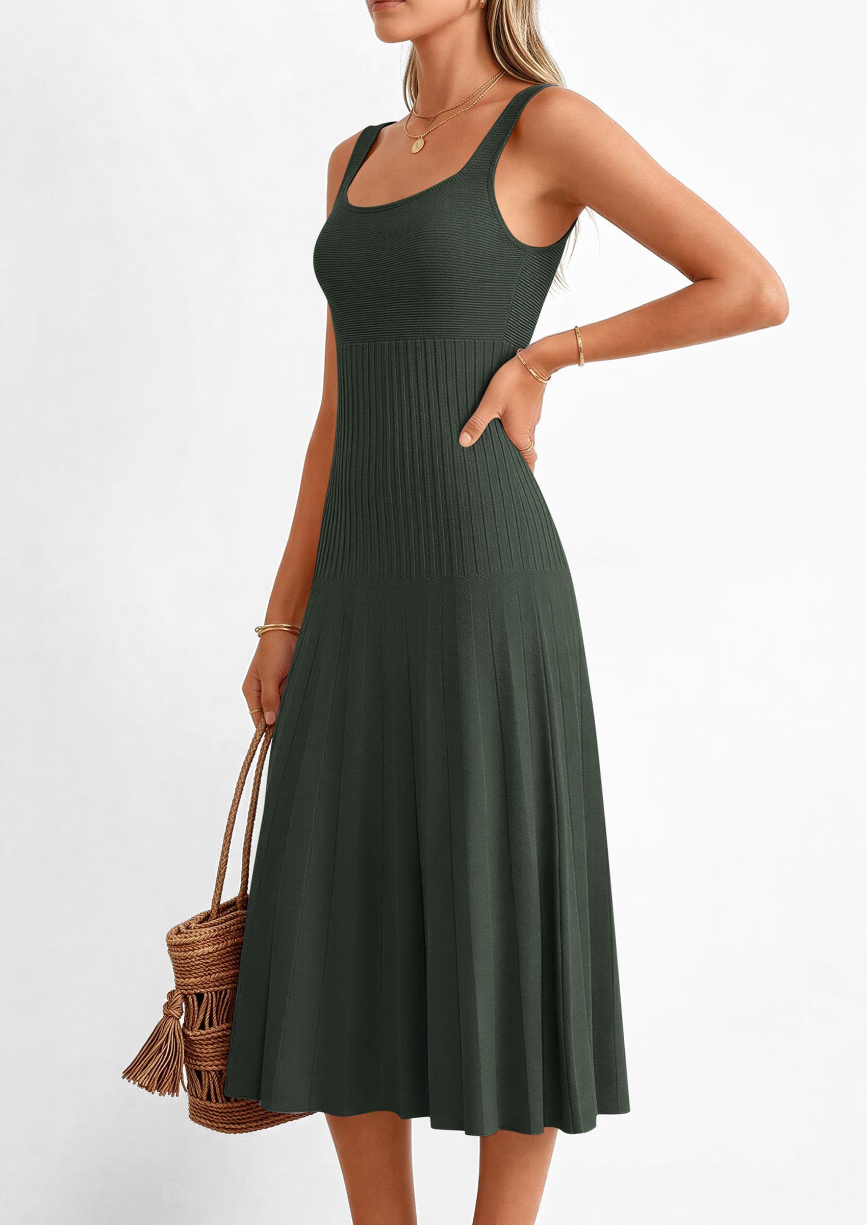 PRETTYGARDEN Spring Dresses for Women Summer Casual Sleeveless Square Neck A Line Knit Pleated Midi Cocktail Party Dress