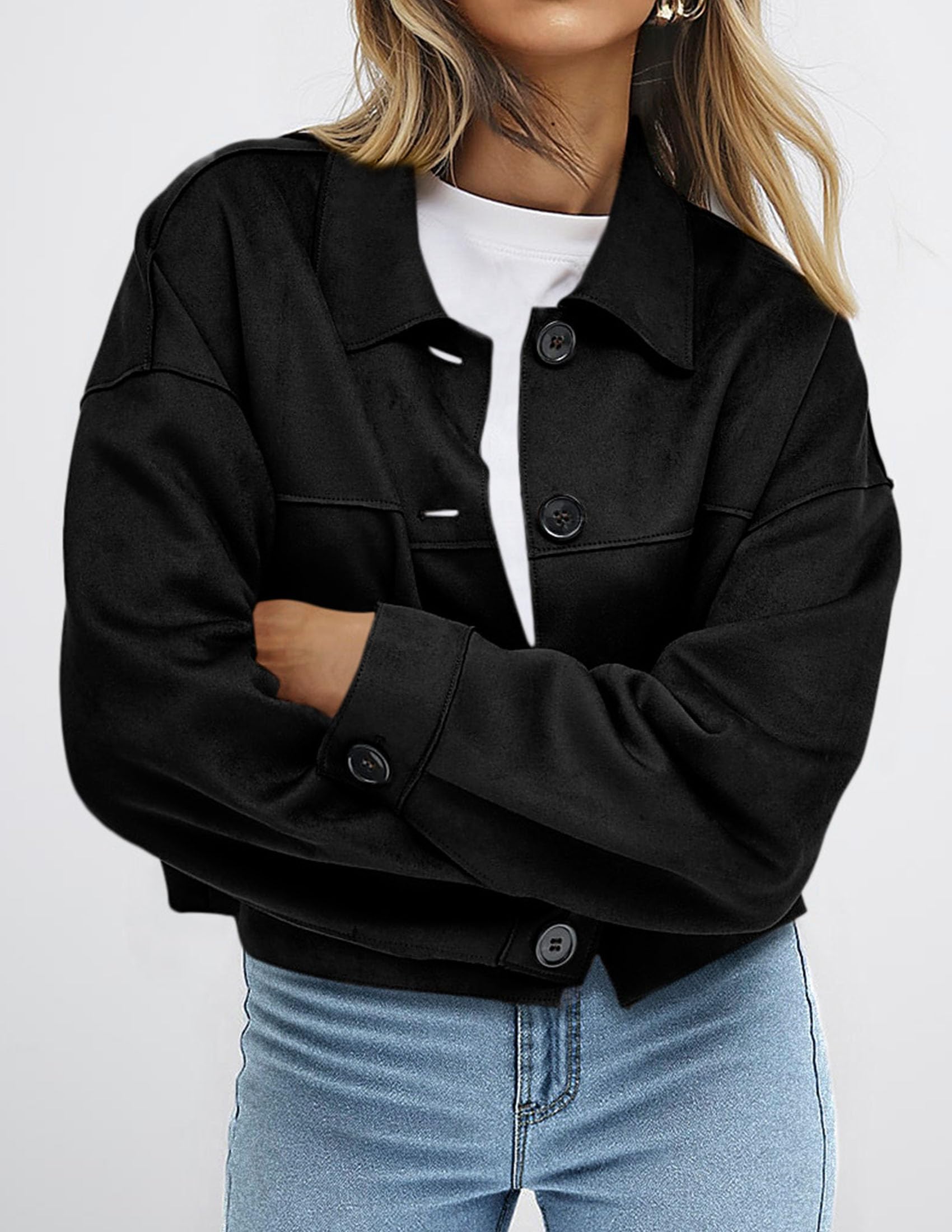 PRETTYGARDEN Women's Faux Suede Cropped Jacket Casual Lightweight Fall Fashion Winter Coats Outerwear Trendy Clothes