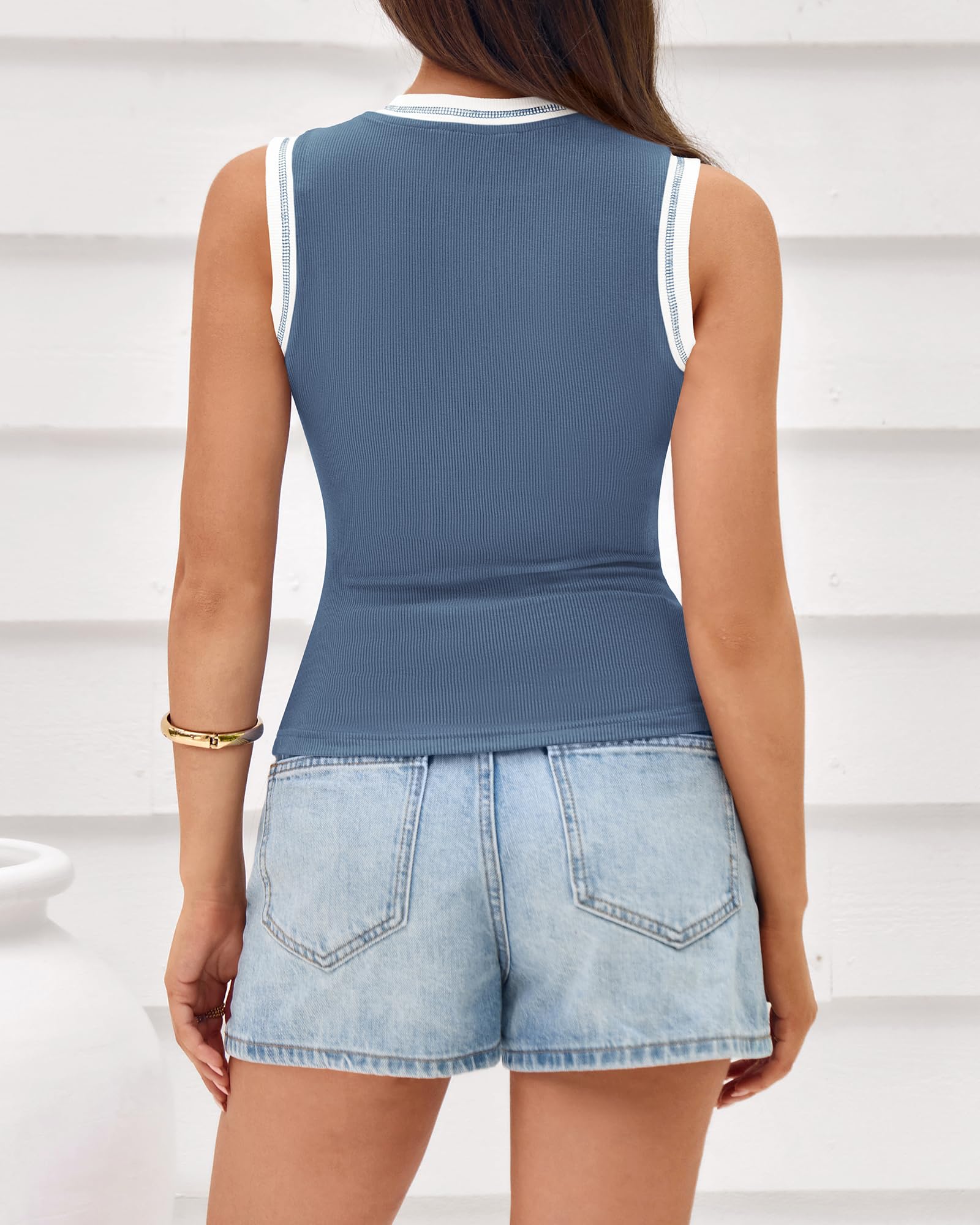 FreshPretty Crew Neck Tank Top for Women Sleeveless Ribbed Contrasting Slim Fitted Y2k Casual Basic Shirts Spring Summer Tops
