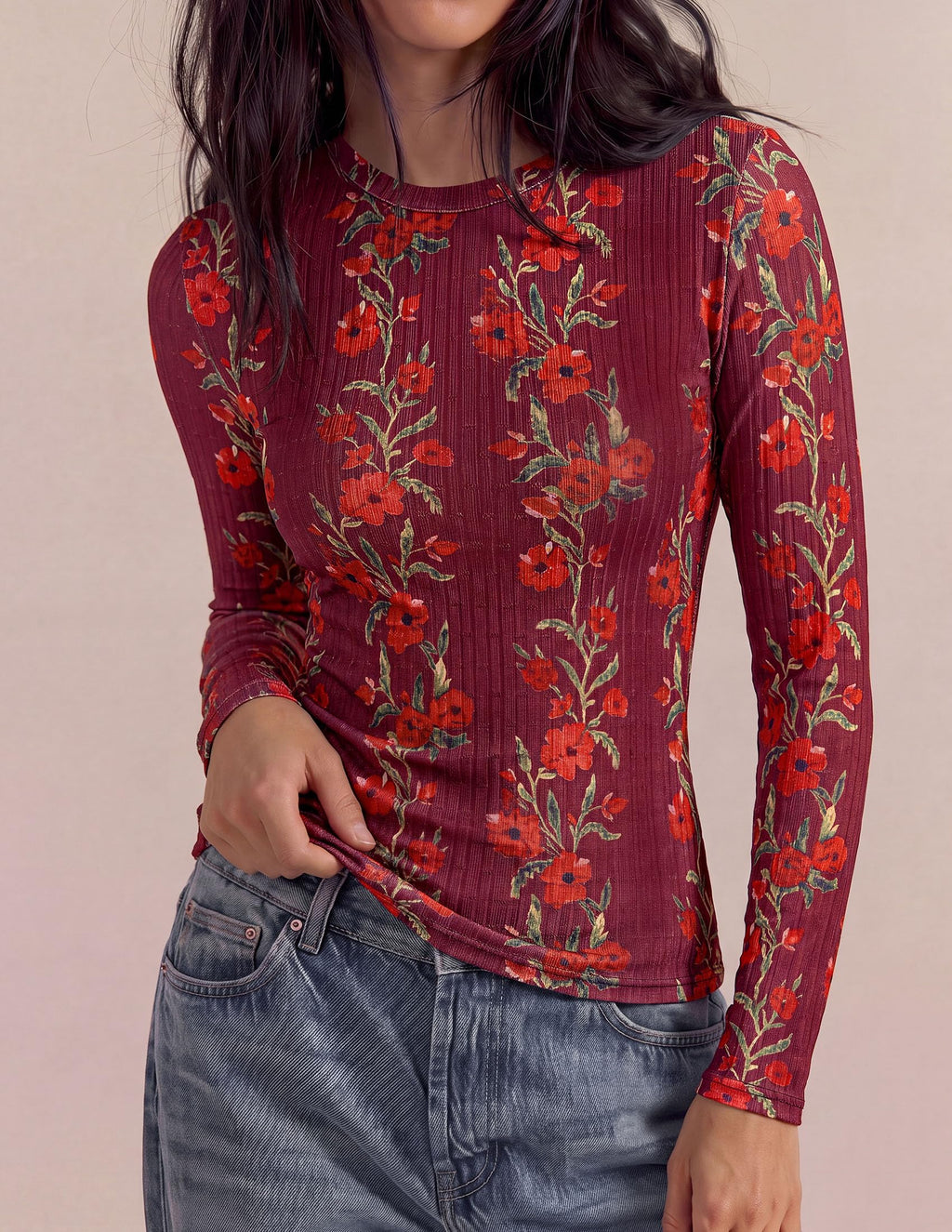 PRETTYGARDEN Womens Long Sleeve Shirts Floral Y2K Tops Soft Lightweight Ribbed Knit Top,Fitted Waist,Crew Neck Slim Fit,Going Out Vacation Outfits,Layering Fall Winter Clothes
