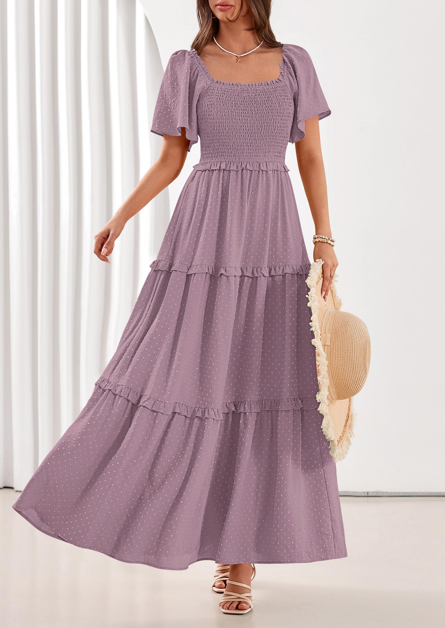 PRETTYGARDEN Summer Dresses for Women Boho Swiss Dot Smocked Square Neck Short Sleeve Spring Wedding Guest Maxi Dress