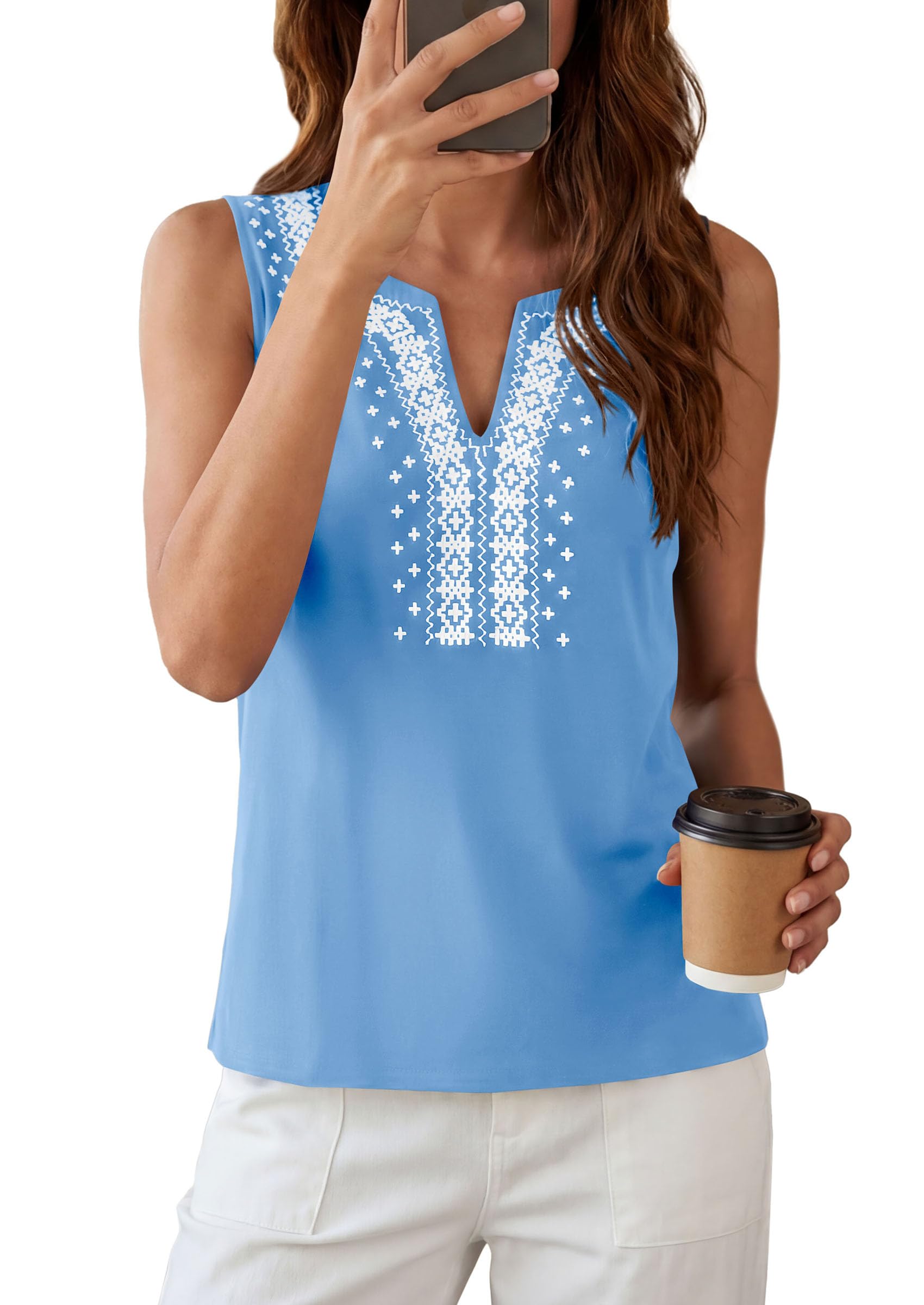 PRETTYGARDEN Womens Tank Tops Summer Causal V Neck Sleeveless Shirts Floral Print Embroidered Beach Vacation Boho Top