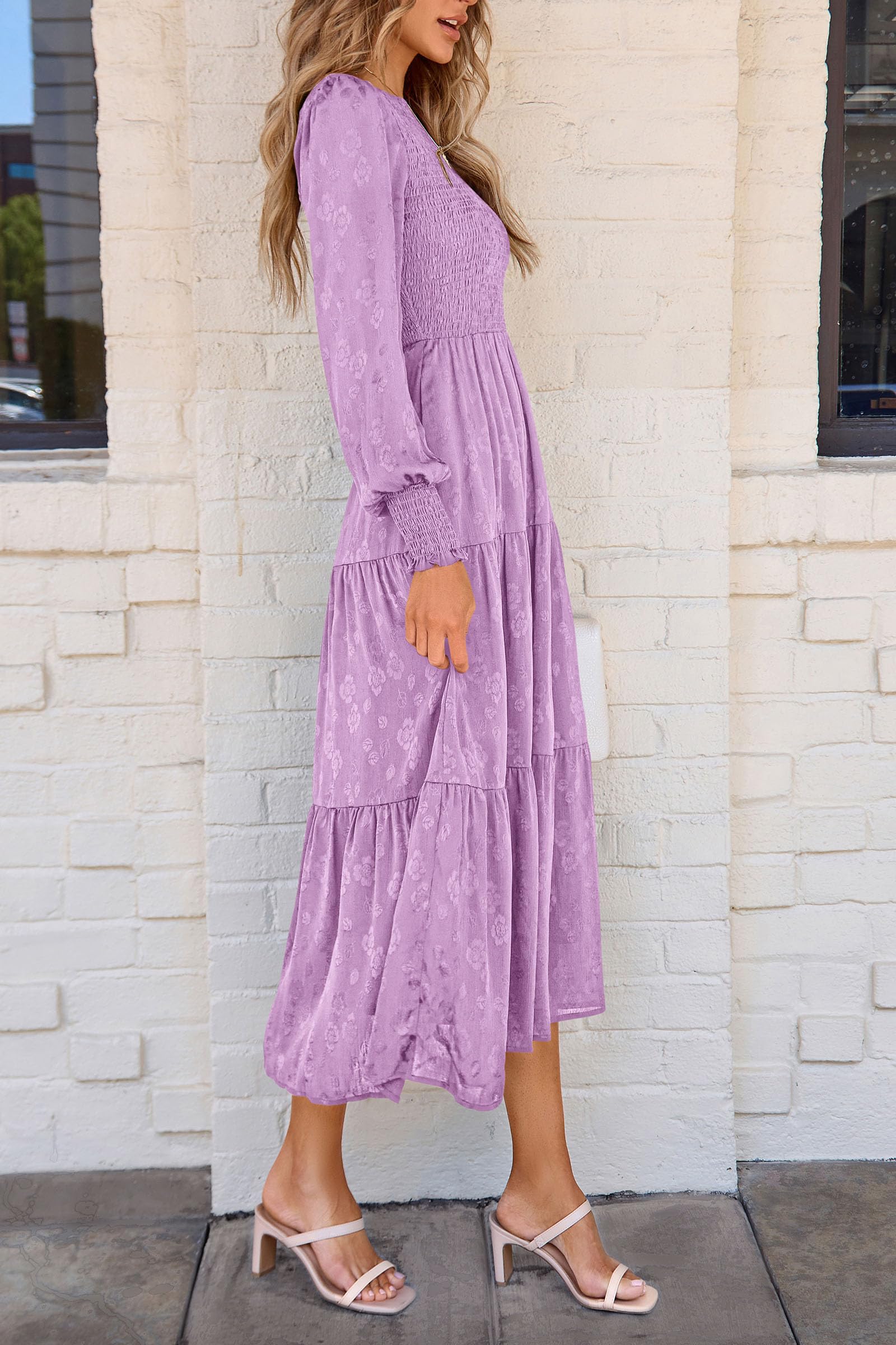 PRETTYGARDEN Women's Fall Spring Midi Dress Long Sleeve Floral Smocked Elegant Wedding Guest Long Flowy Dresses with Pockets