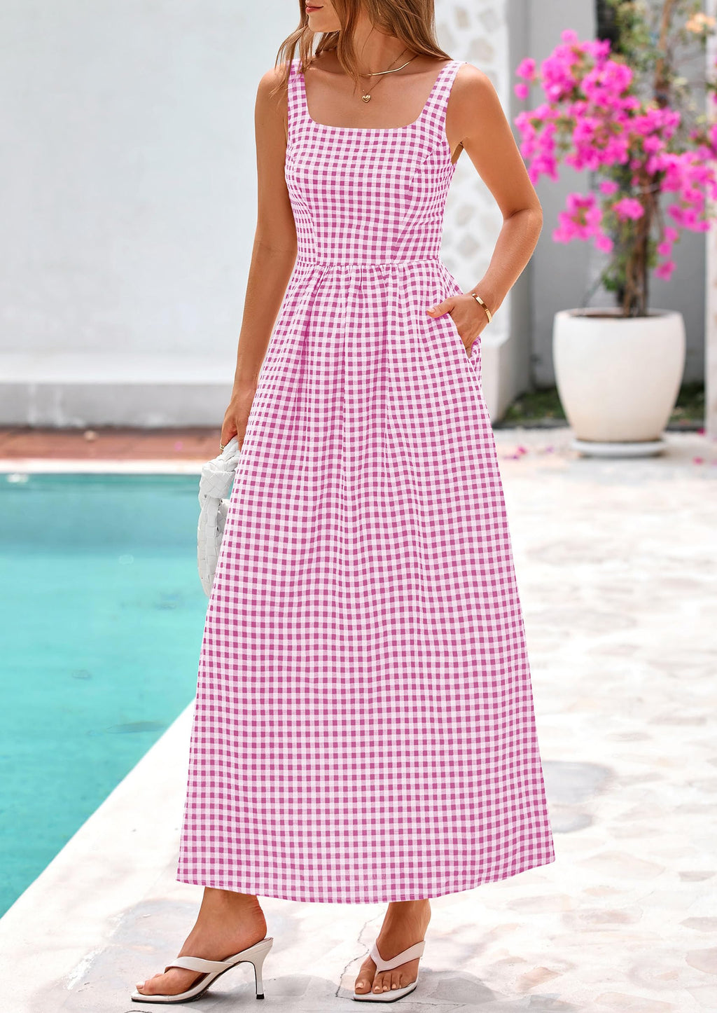 PRETTYGARDEN Women's Summer Spaghetti Strap Maxi Dresses Plaid Square Neck A Line Casual Beach Vacation Long Sundress