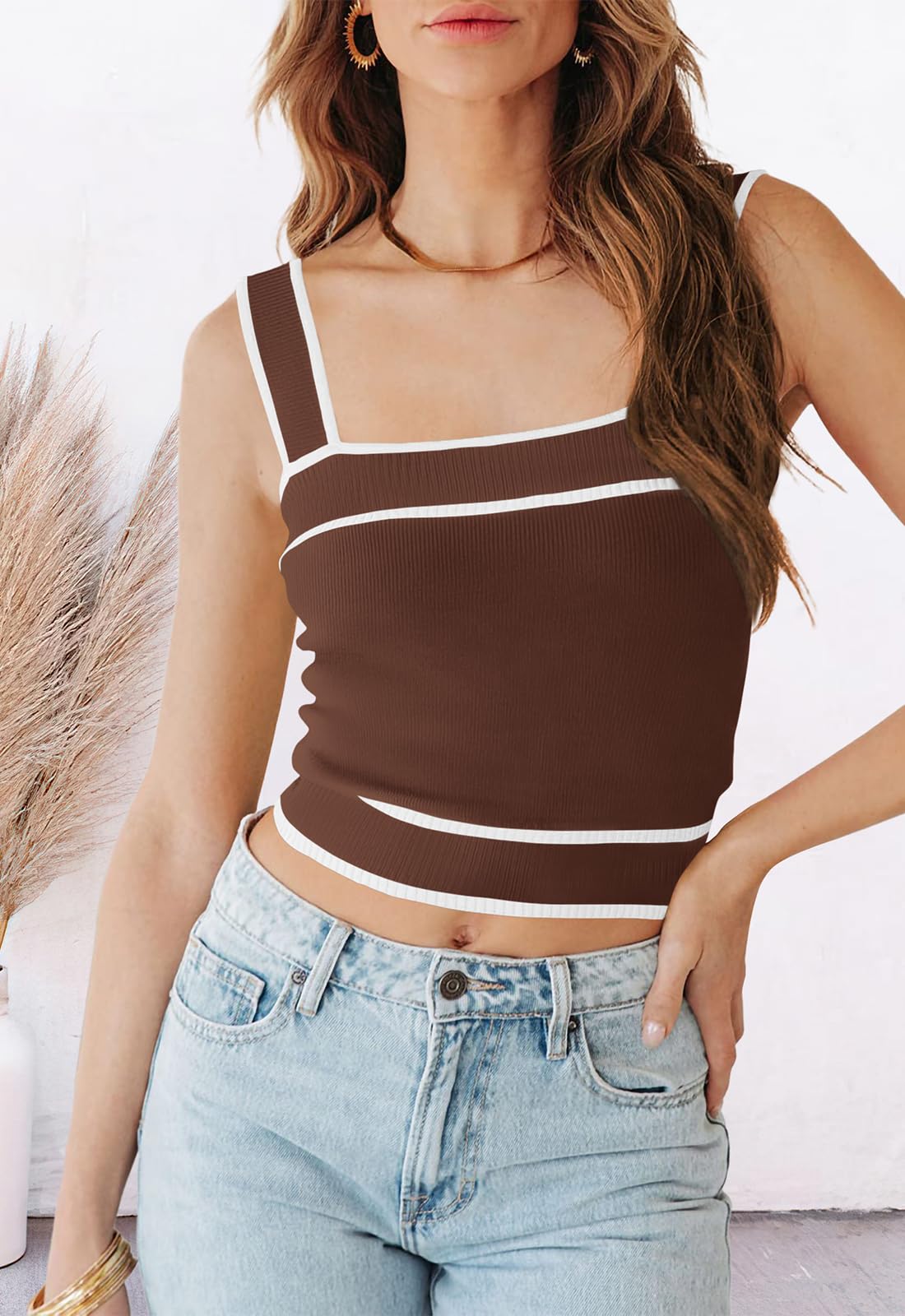 FreshPretty Women's Trendy Summer Square Neck Crop Tank Tops Casual Color Block Knit Sleeveless Slim Fit Y2k Cami Shirts