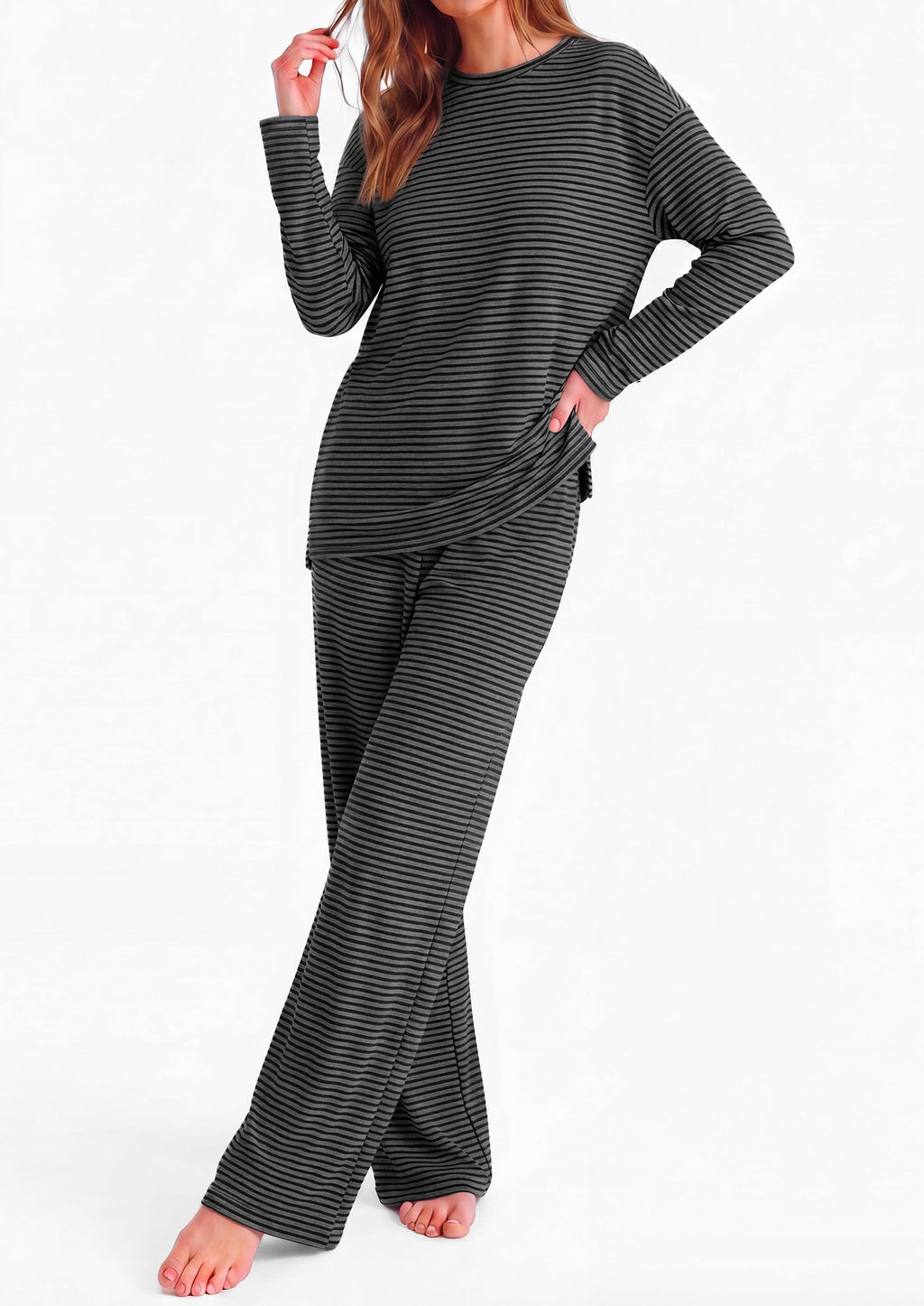 PRETTYGARDEN Womens Striped Lounge Set Fall Winter 2 Piece Sets Side Slit Long Sleeve T-Shirts & Wide Leg Pants, Matching Pajama Sets, Comfy Pj Set, Loungewear with Pockets, Fashion Clothes