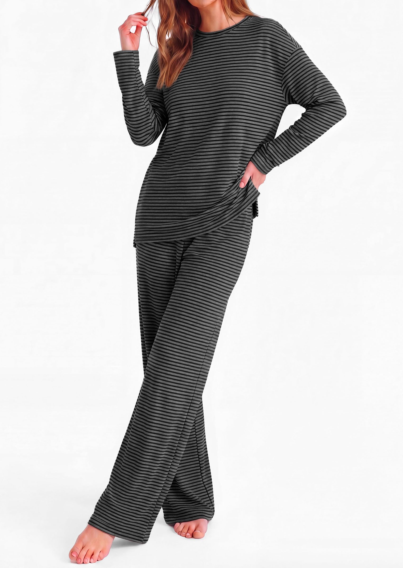 PRETTYGARDEN Womens Striped Lounge Set Fall Winter 2 Piece Sets Side Slit Long Sleeve T-Shirts & Wide Leg Pants, Matching Pajama Sets, Comfy Pj Set, Loungewear with Pockets, Fashion Clothes