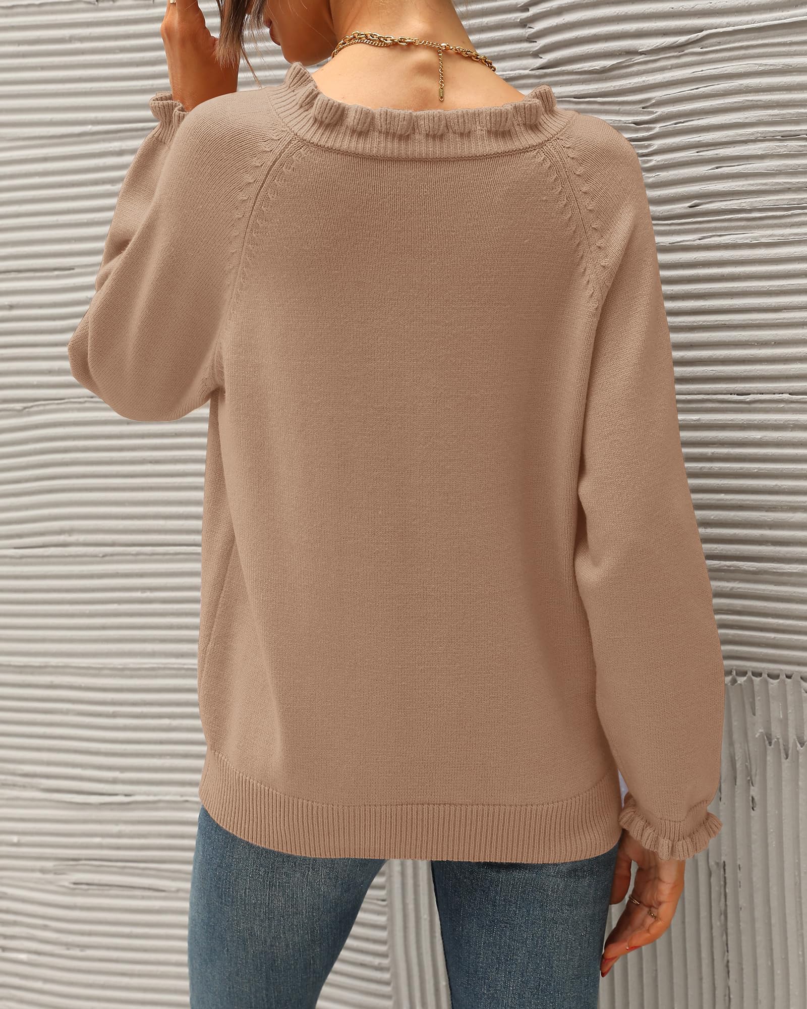 FreshPretty Womens Sweaters Fall Winter Clothes Long Sleeve Button Down Ruffle Crew Neck Casual Knitted Pullover Tops