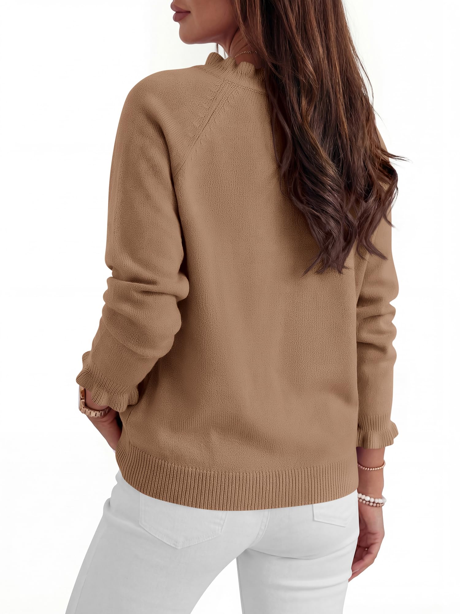 BTFBM Womens Sweaters Fall Winter Clothes Long Sleeve Button Down Ruffle Crew Neck Casual Knitted Pullover Tops