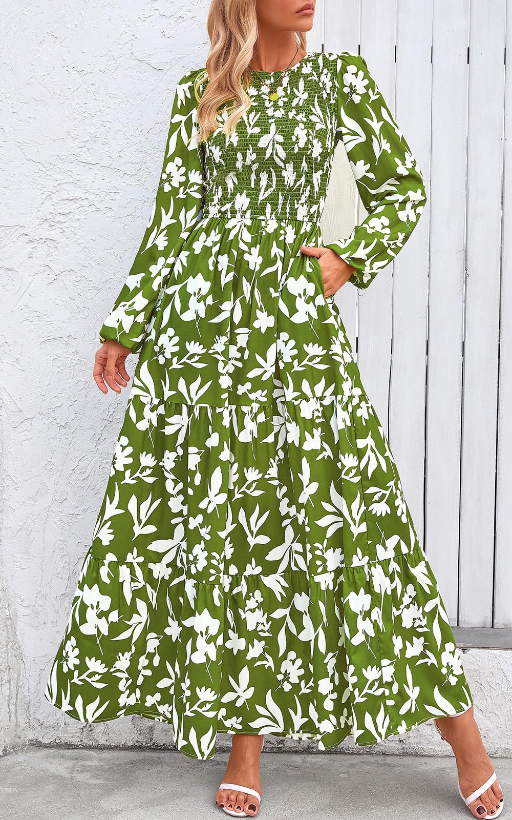 PRETTYGARDEN Women's Fall Dresses Long Sleeve Flowy Casual Floral Maxi Dress Crew Neck Smocked Tiered Long Dress