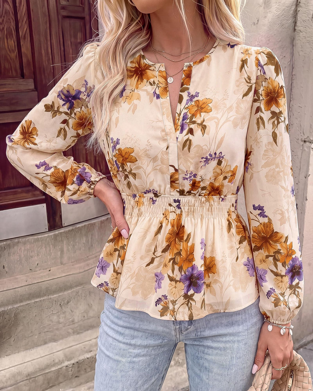 BTFBM Womens Tops Dressy Casual Floral V Neck Long Sleeve Chiffon Shirts | Chiffon Lantern Sleeve Flowy Peplum Sheer Top,Elastic Waist Babydoll Blouses,Boho Vacation Outfits,Fall Fashion Clothing