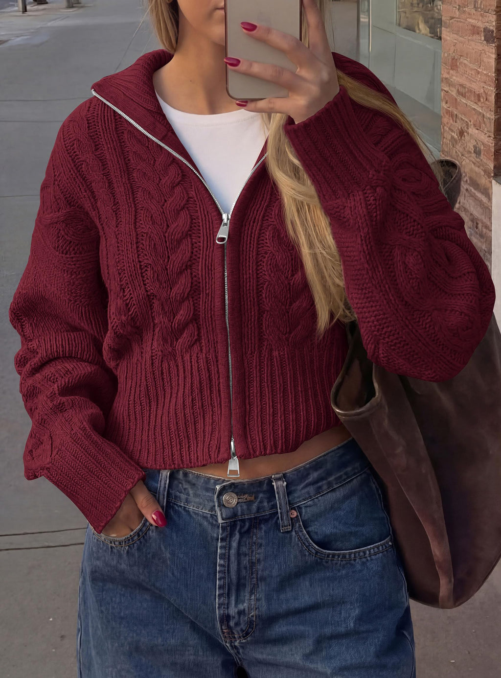 PRETTYGARDEN Women's Cable Knit Cropped Cardigan Sweaters Oversized Sweater, Long Sleeve Zip Up Jacket, Collared Neck, Ribbed Hem, Cozy Soft Casual Wear, Fall Clothes Winter Outerwear