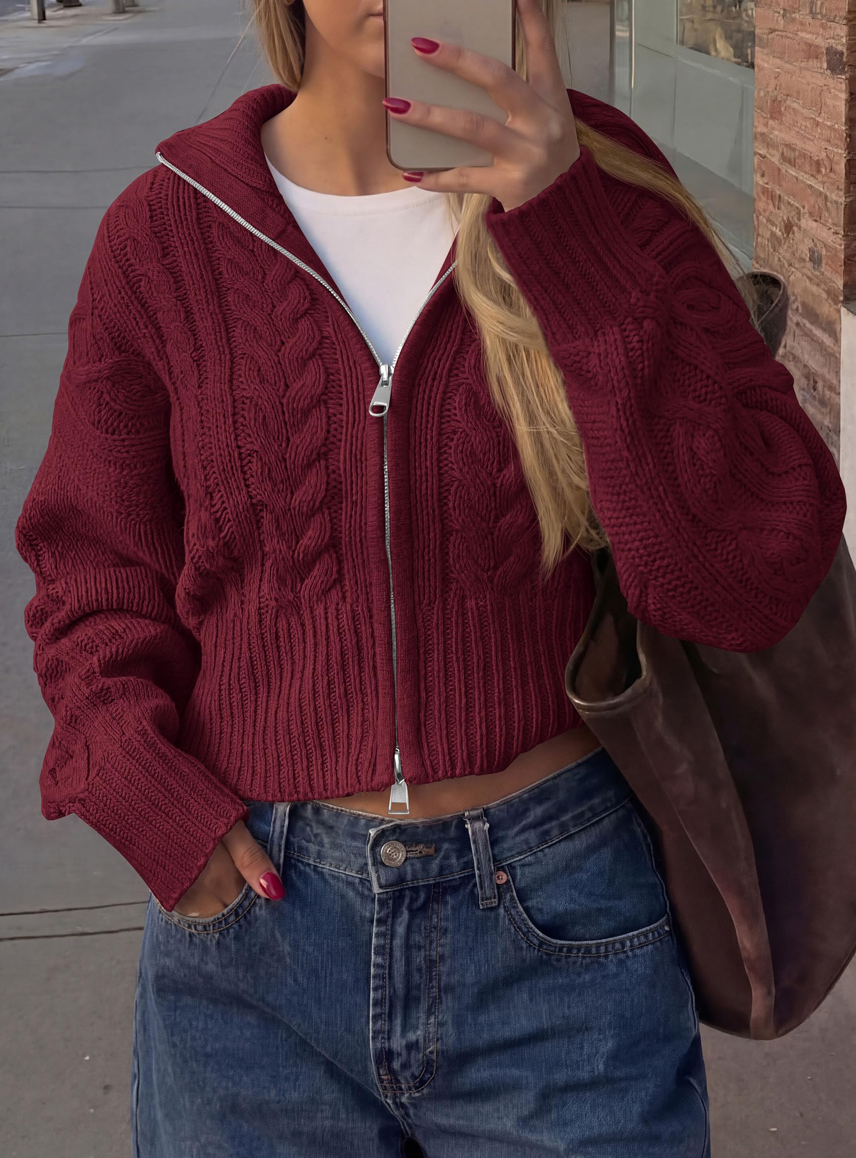 PRETTYGARDEN Women's Cable Knit Cropped Cardigan Sweaters Oversized Sweater, Long Sleeve Zip Up Jacket, Collared Neck, Ribbed Hem, Cozy Soft Casual Wear, Fall Clothes Winter Outerwear