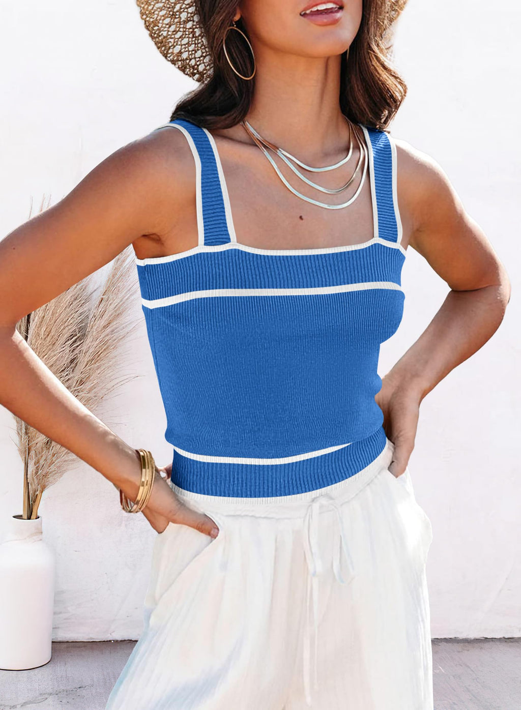FreshPretty Women's Trendy Summer Square Neck Crop Tank Tops Casual Color Block Knit Sleeveless Slim Fit Y2k Cami Shirts