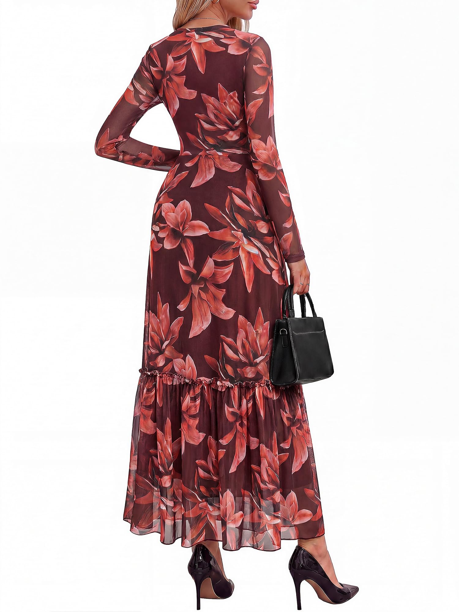 BTFBM Boho Mesh Long Sleeve Dress for Women | Mock Neck, Floral, A Line, Tiered, Graduation, Wedding, Cocktail Maxi Dresses, Fall Fashion, Resort Wear